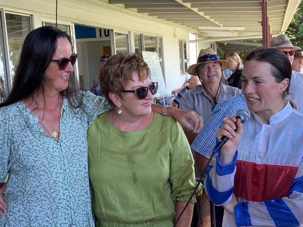 Friends of the late Rhonda Evans, Leanne du Plessis and Judy Stone, honoured their race-day friend by sponsoring the ‘Our Champagne Lady’ race at Woolamai on Saturday, with winning jockey Melinda McDonald who rode a treble on the day.