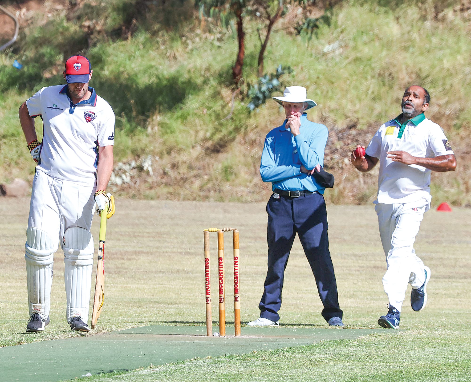 Town’s Poly joseph Kallookkaran takes his turn at bowling on a tough day for his team in the field with MDU making 5/308 off 60 overs.