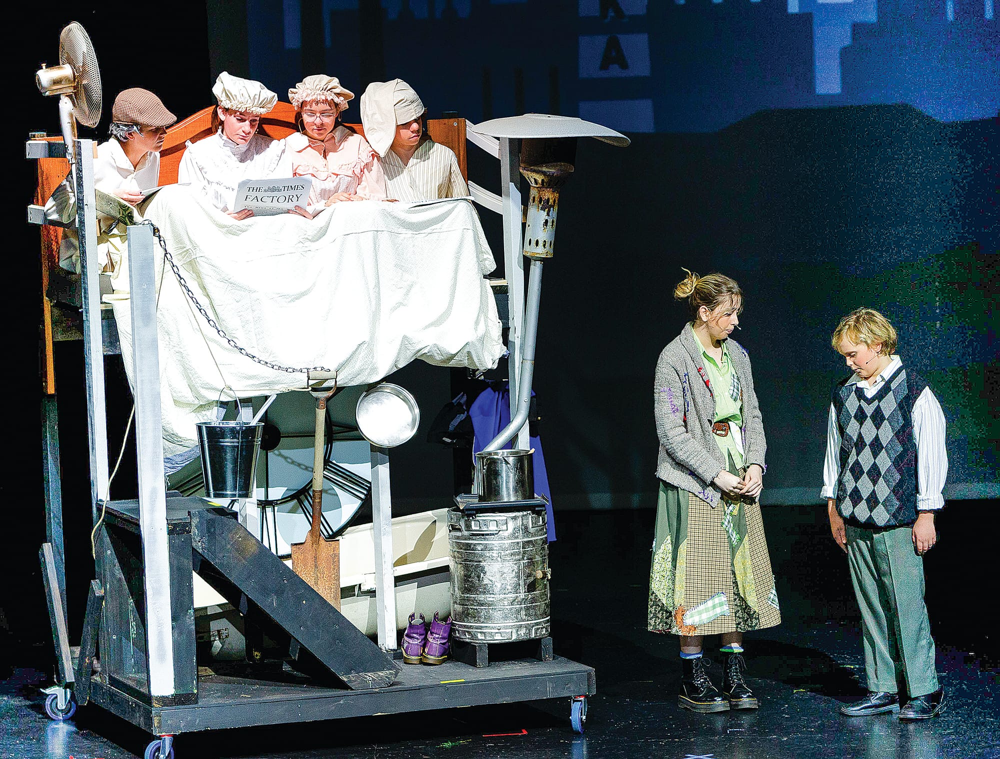 Bucket Shack, Grandparents from left to right (Frankie Murray-White, Laura Smith, Neva Cleary, Joe Wilkinson), Mrs Bucket (Asha McMahon) and Charlie (Felix Maund). Photo: Andrew Hamilton.