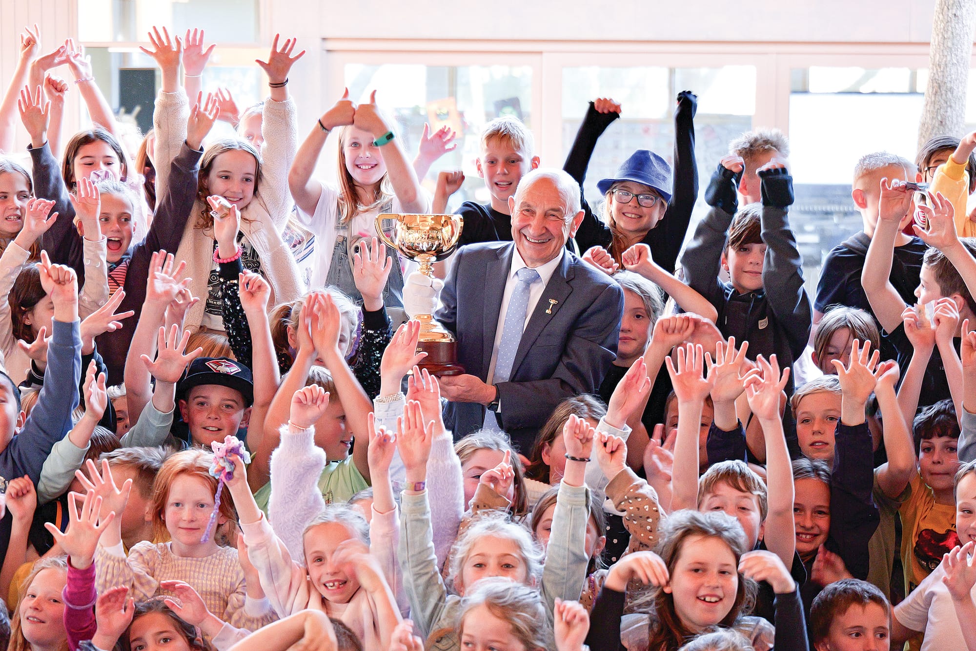 The Newhaven College Junior School students were thrilled to be in the company of THE Melbourne Cup worth a staggering $750,000 and accompanied by racing legend and Melbourne Cup Ambassador Joe Agresta.