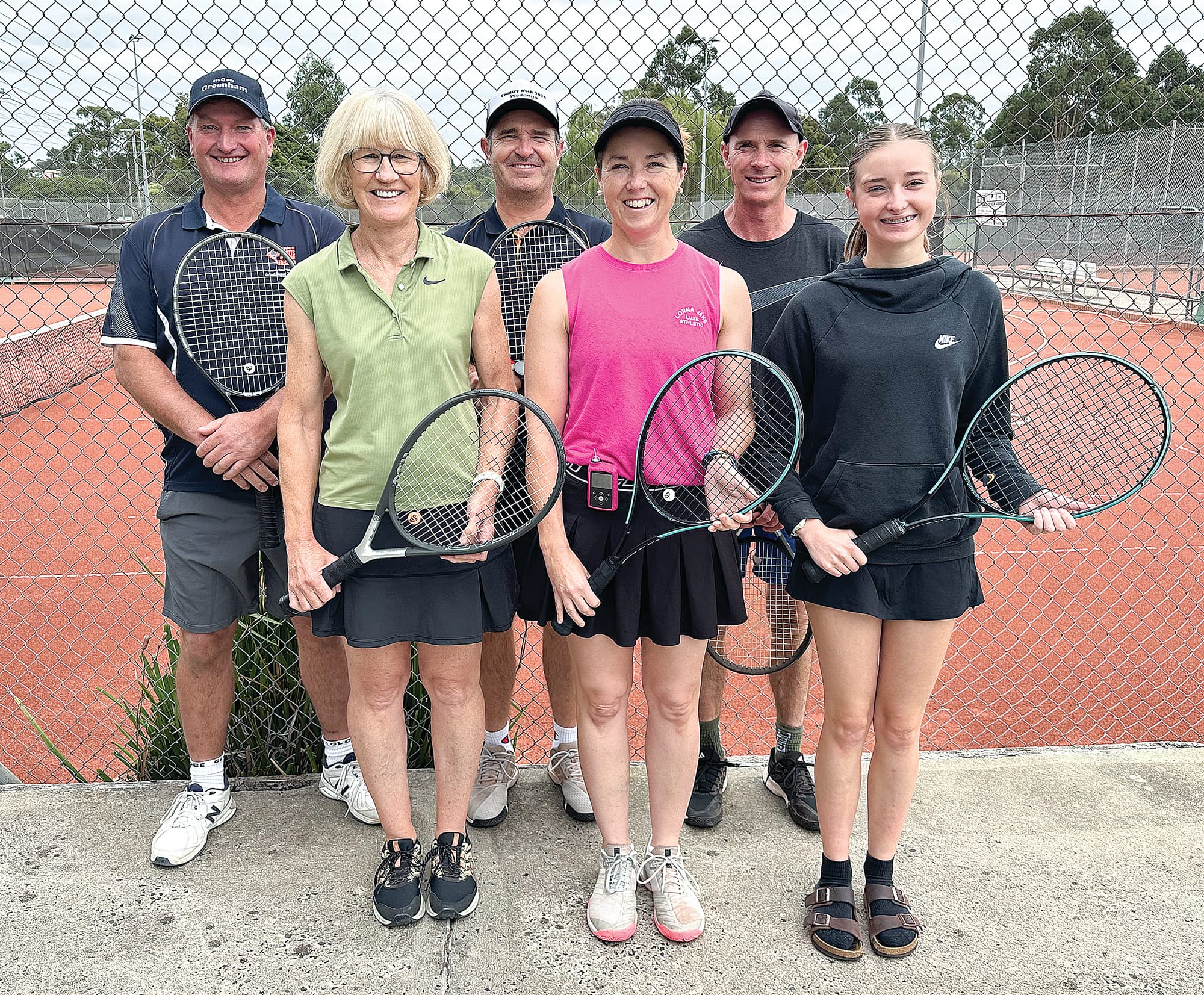 Section Two winners were the Outtrim Tennis club, back, Gavin Furness, Nick Beale, Martin Nicholas, front, Noelene Cosson, Sara Beale and Alex Beale. ob66_1324
