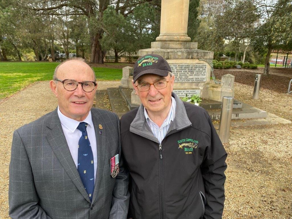 Bugler Nigel Hutchinson-Brooks chats with Korumburra RSL President David Jackson at the Vietnam Veterans Day service at the Korumburra Cenotaph in Queen Street on Thursday, August 18.