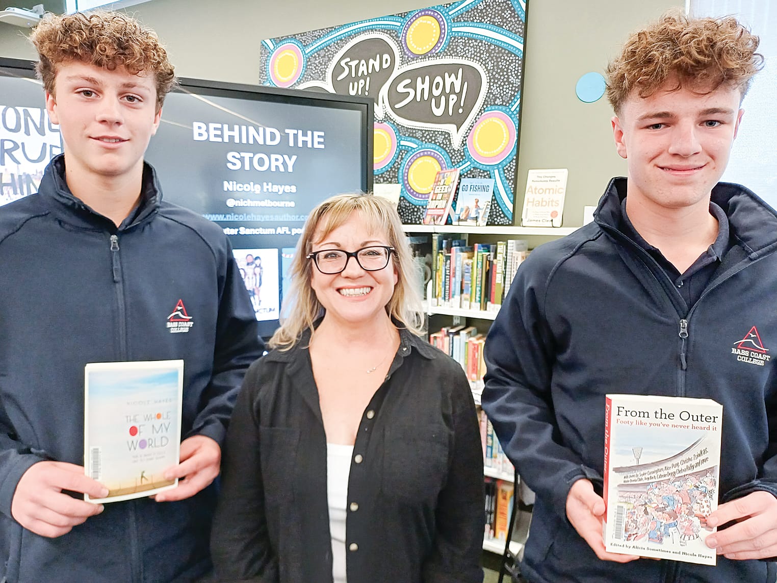 Bass Coast College students Gus Oates and Oscar Tuchtan with award-winning Australian author, sportswriter, podcaster and educator, Nicole Hayes during book week.