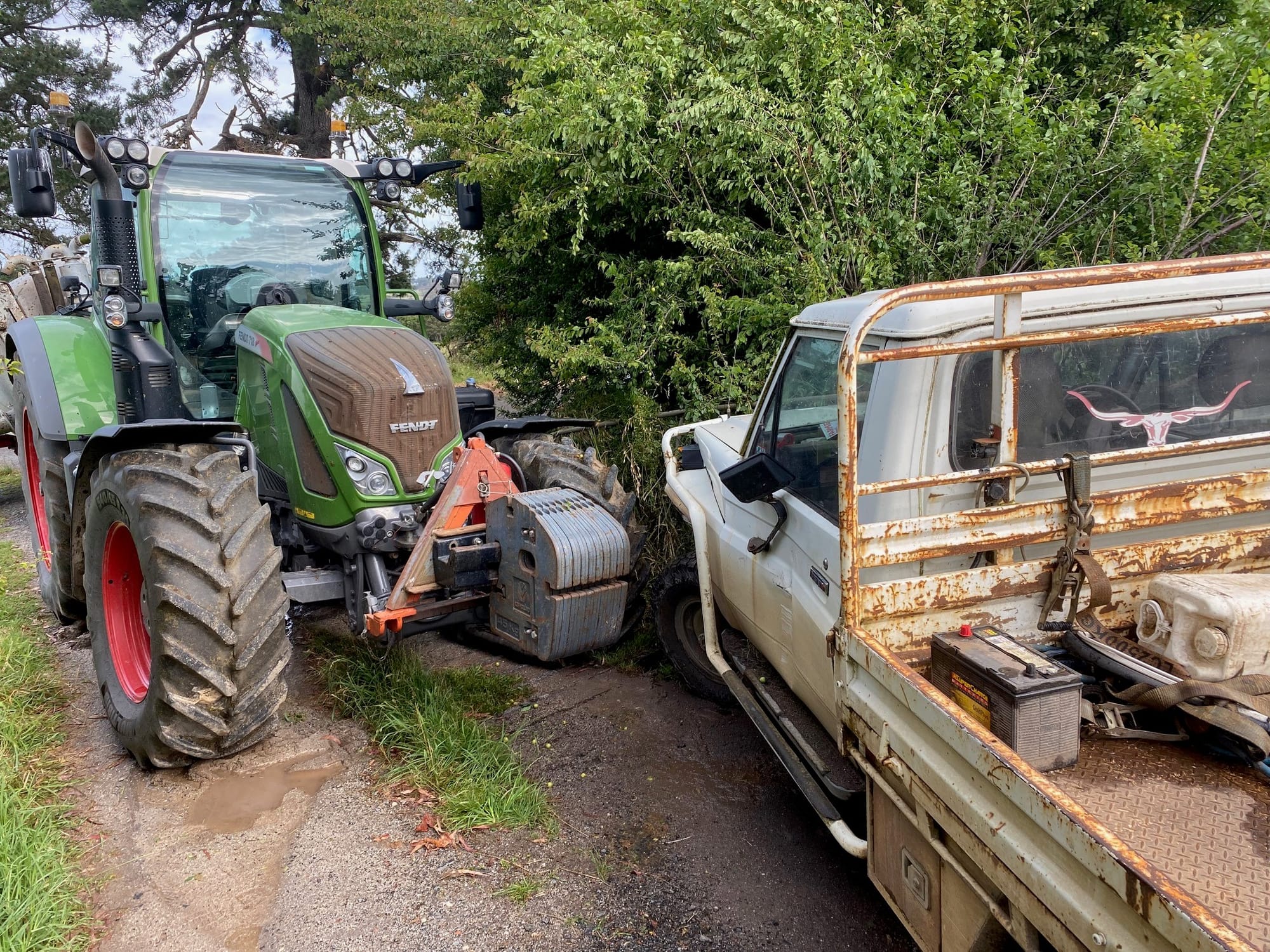 The driver of the tractor was seated in the cabin when a knife-wielding carjacker crashed head-on with the tractor at high speed in a stolen ute.