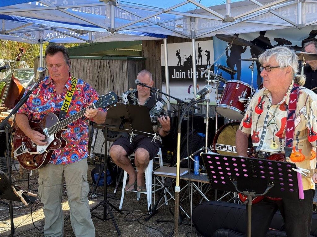 Members of the Split Shot band including vocalist David Parkinson with Sam, Ricky, Craig and Martin provided the soundtrack for Australia Day at Rhyll.