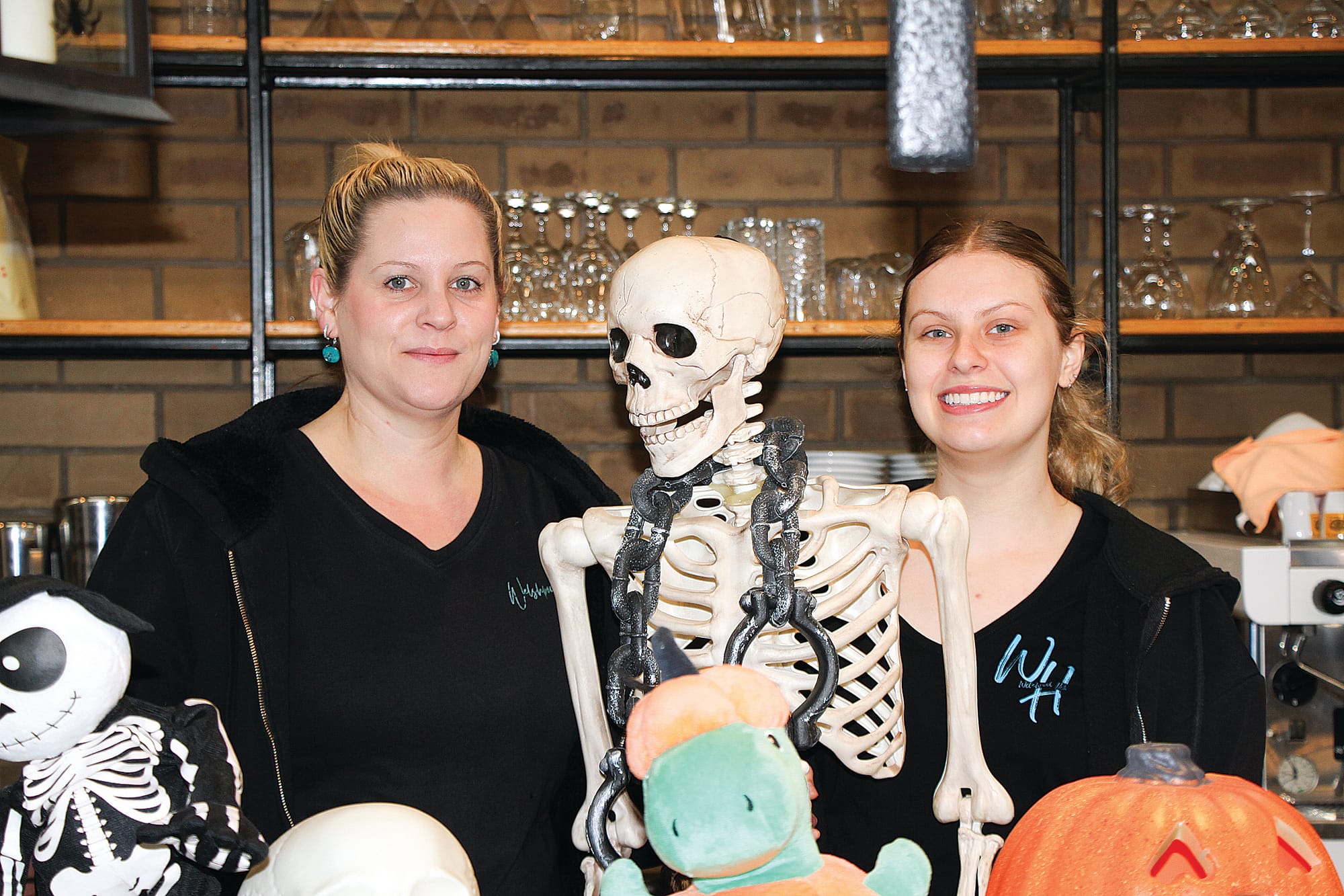 Welshpool Hotel Licensee Skye Dubignon, George (Halloween barman) and Mikayla Papworth (bartender). B42_4524