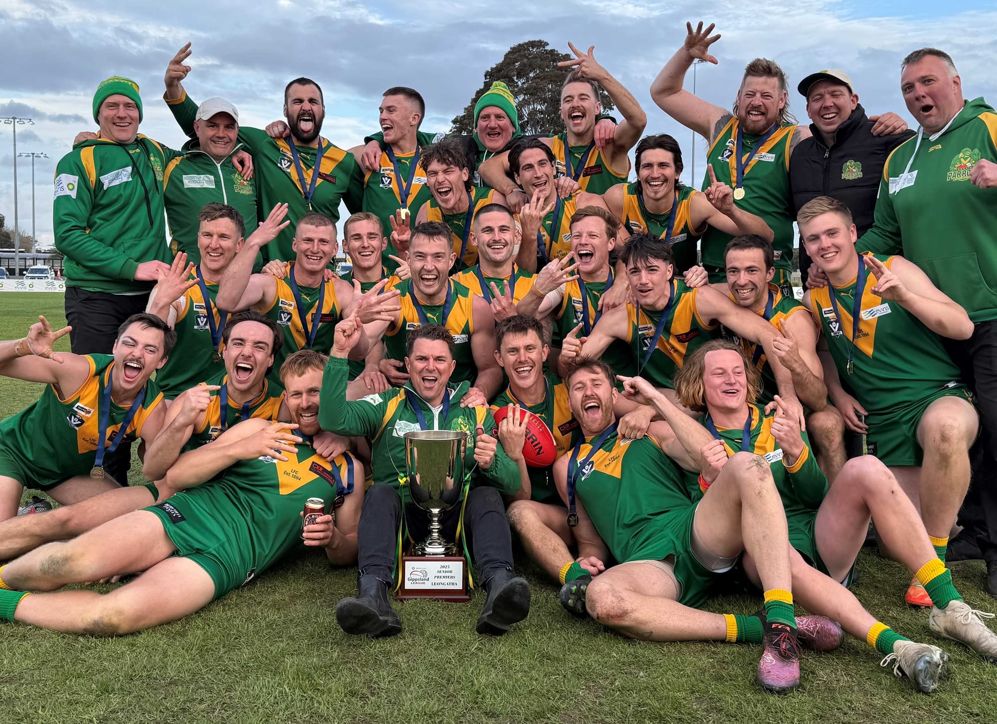 The Leongatha Parrots won their third Gippsland League premiership in four years on Saturday by the near-record winning margin of 95 points against Traralgon. Members of the victorious team and their coaching group include, from left, back, Jack Hughes, Mark Hardy, Justin Pellicano, Patrick Ireland, Jackson Harry, Stew Wigney, Kim Drew, Jack Hume, Tim Sauvarin, Ben Willis, Clint Johnston, Matt Davies, middle, Cade Maskell, Sam Forrester, Jay Walker, Tom Marriott (c), Tallin Brill, Will Littlejohn, Zavier Lamers, Nick Argento, Jenson Garnham, front, Travis Nash, Ben Harding, Luke Bowman, Trent McMicking (Coach), Aaron Heppell, Dyson Heppell, and Ty Hall.
