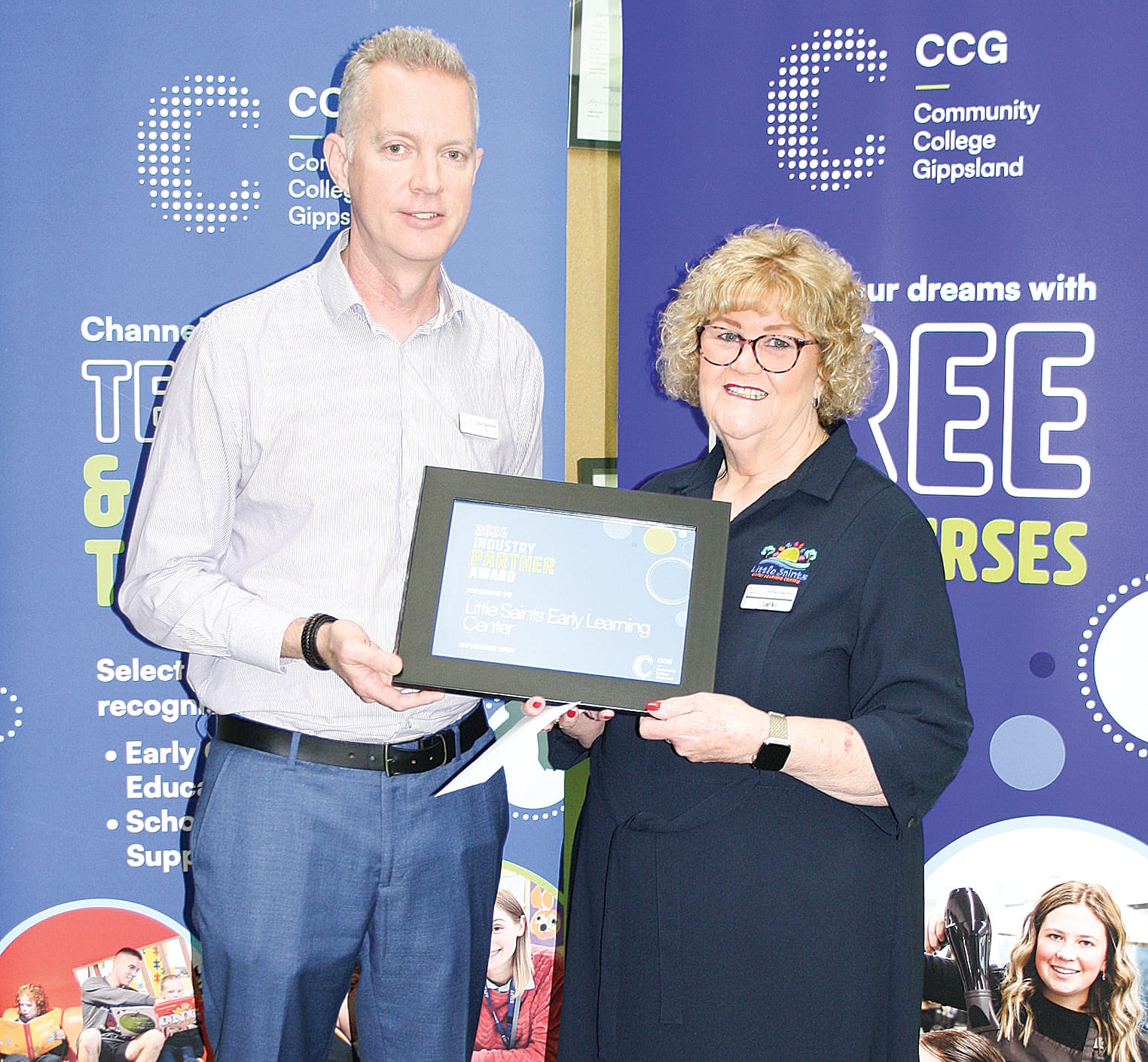 Dale Gemmell presented the Industry Partner Award to Jacki Manser, People and Culture Manager at Little Saints Early Learning Centre, Warragul.