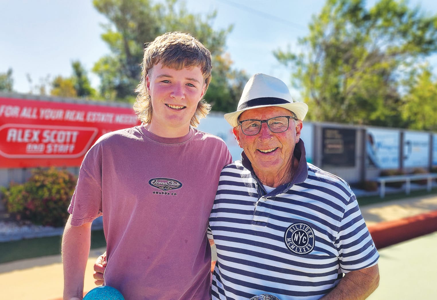 Inverloch Bowls Club greenskeeper Graham Turton with his grandson Caleb enjoyed a few rounds on the rink.