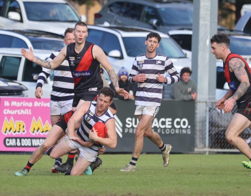 Woodside’s Michael Stockdale lunges to take possession on the TTU backline when the game was there to be won in the third quarter.
