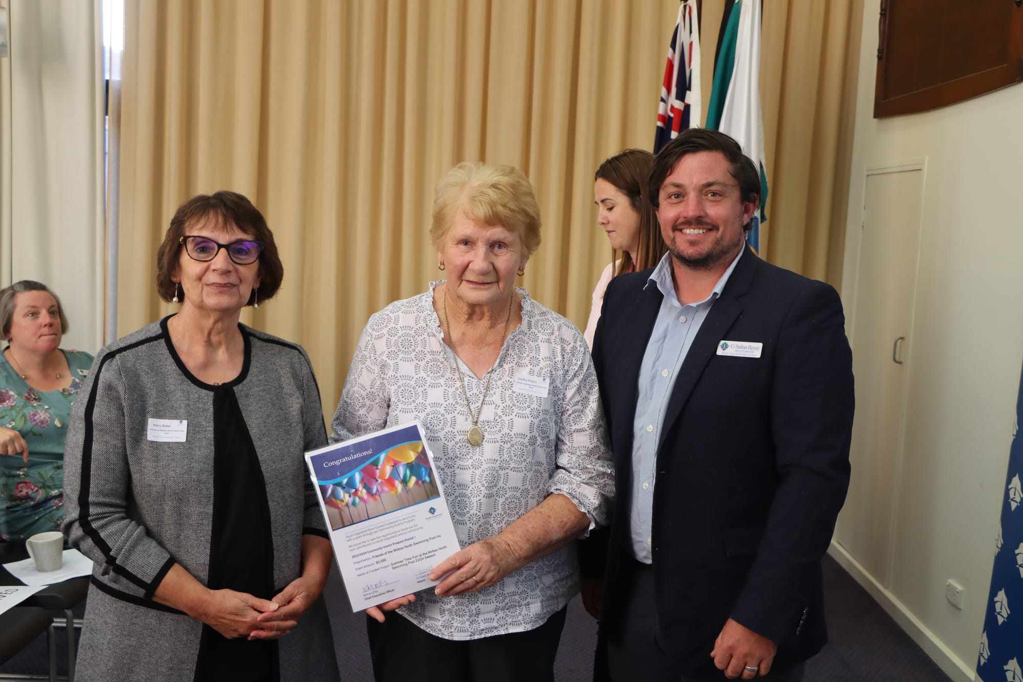 Mary Baker and Leatha Peters of The Friends of the Mirboo  North Swimming Pool with Cr Nathan Hersey.