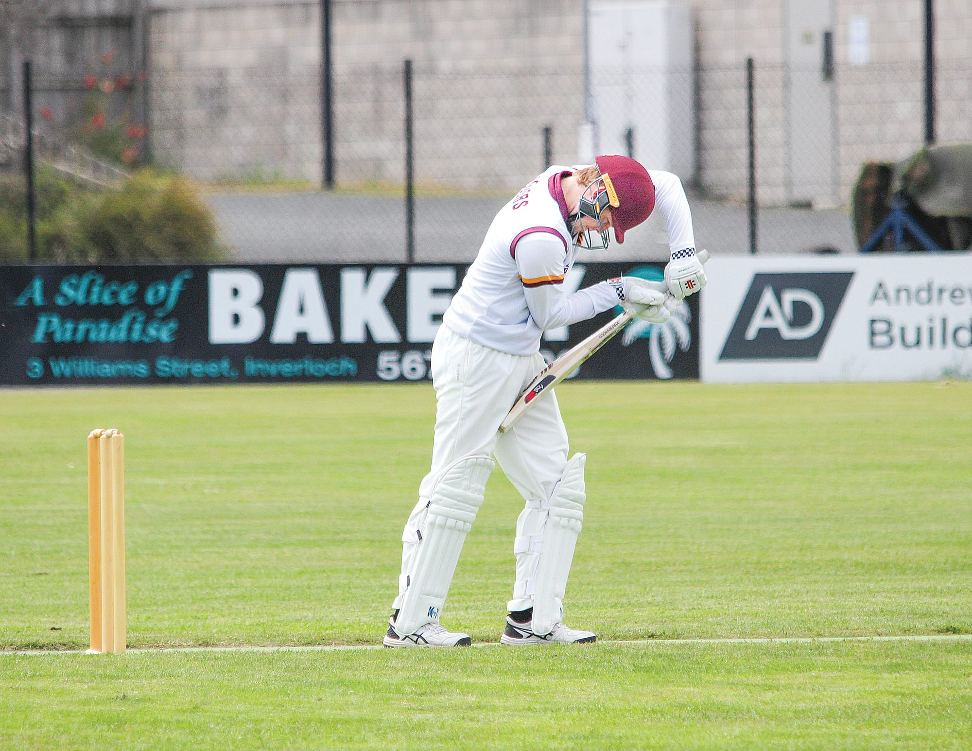 OMK captain Koby Brann plays a strong defence during his innings against Inverloch. 