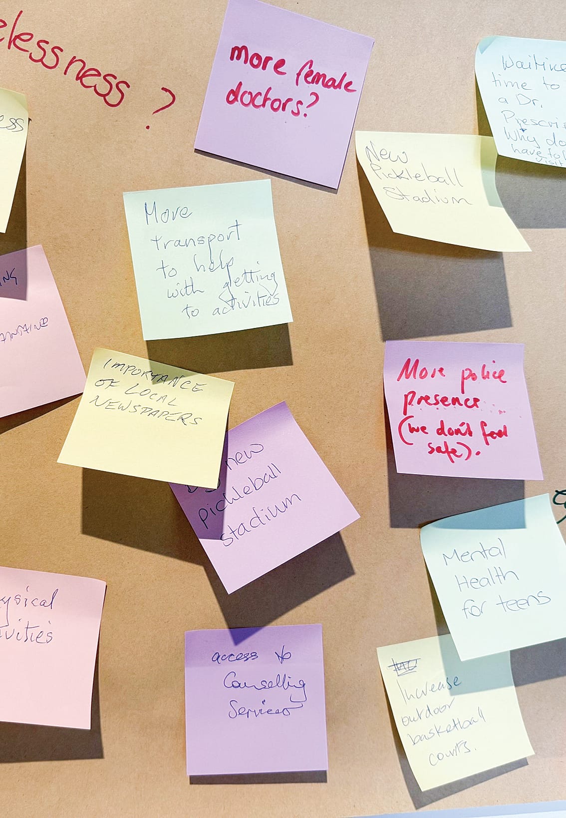 Some of the Post It Note ideas contributed at Bass Coast’s Healthy Communities Plan pop-up sessions.