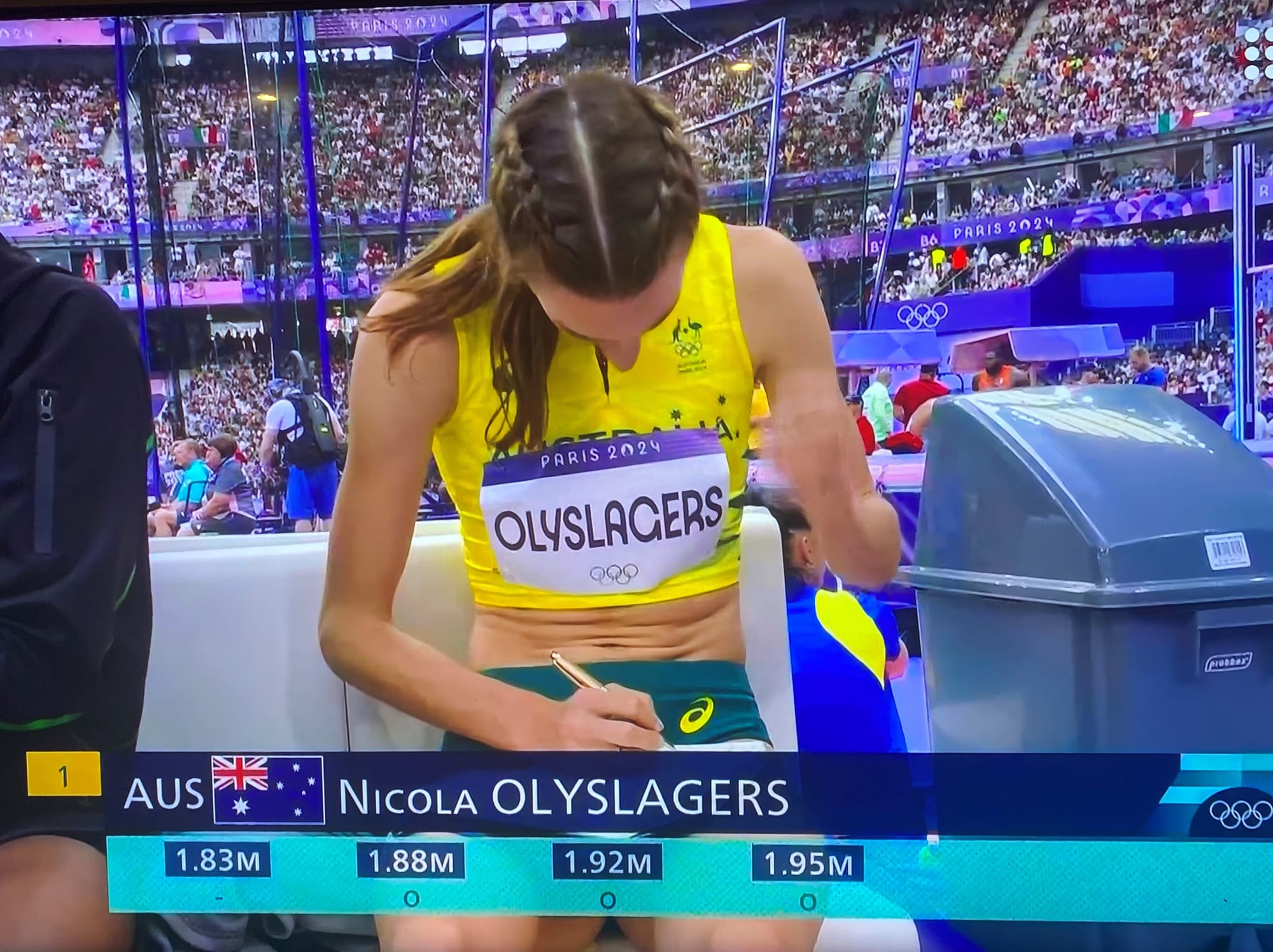 Typical image of Australian high jumper Nicola Olyslagers after clearing the qualifying height of 1.95m.