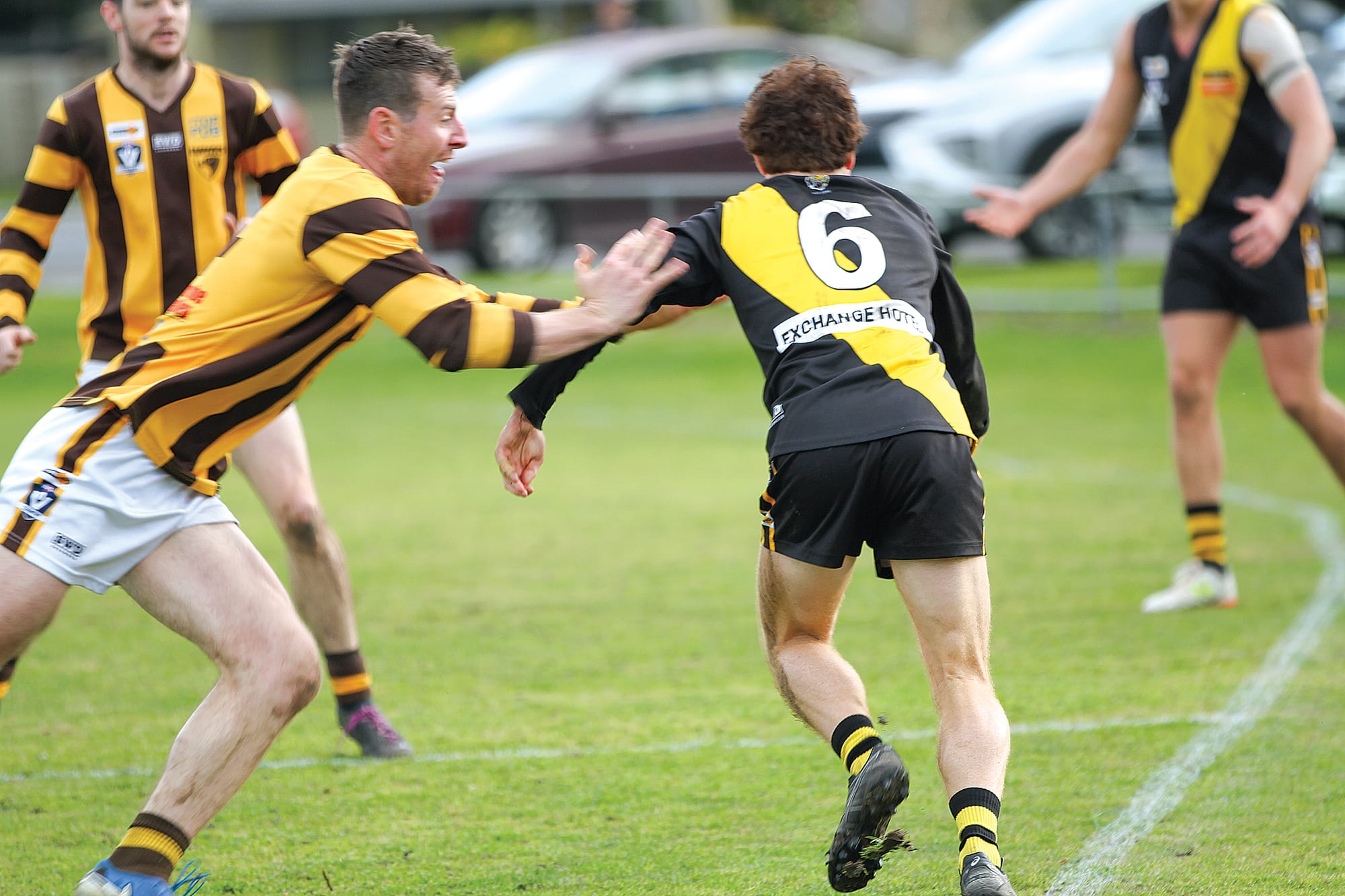Make way for the Tigers as Billy Flavelle takes control of the ball in a brilliant show of dominance against the visiting Hawks. B110_3125