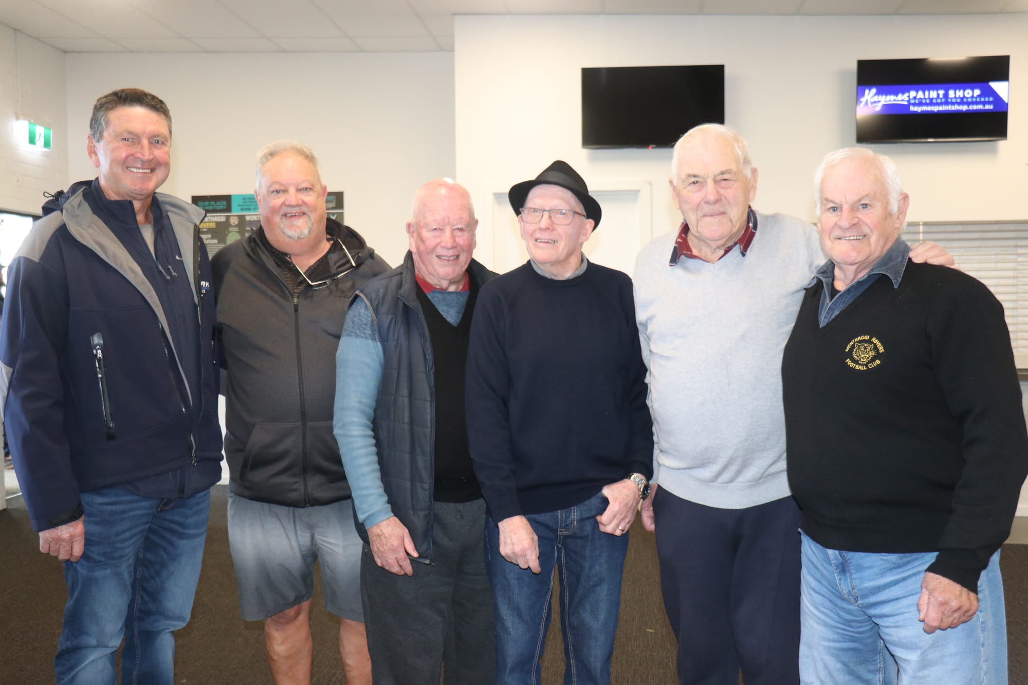 John Gilliland, Wayne Mattock, Howard Woolfe, Rod Farrell, Aldo Santori, and Graeme Birt at the Wonthaggi Rovers Reunion. 