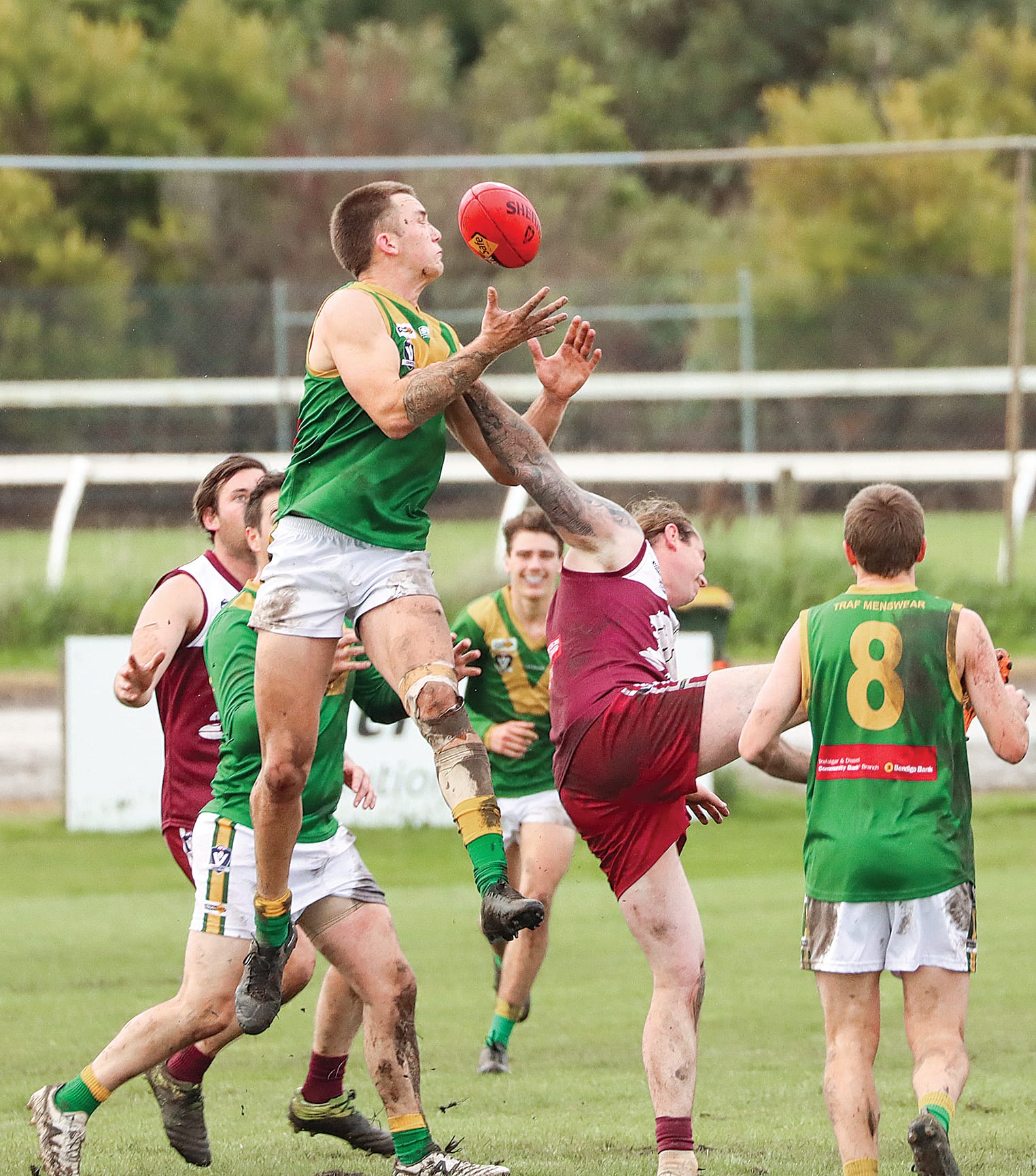 Stony Creek and Hill End battle it out in heavy conditions during the Lions’ win. A33_1923