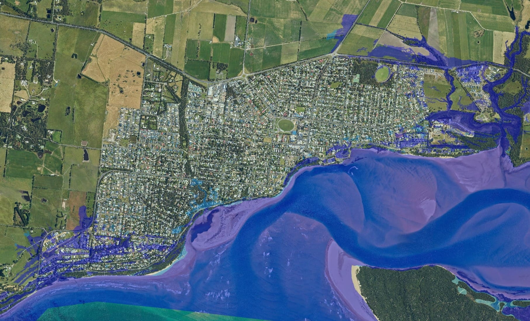 This map shows the potential for temporary and ultimately permanent inundation of parts of Inverloch as a result of projected sea level rise, tides and storm surges.