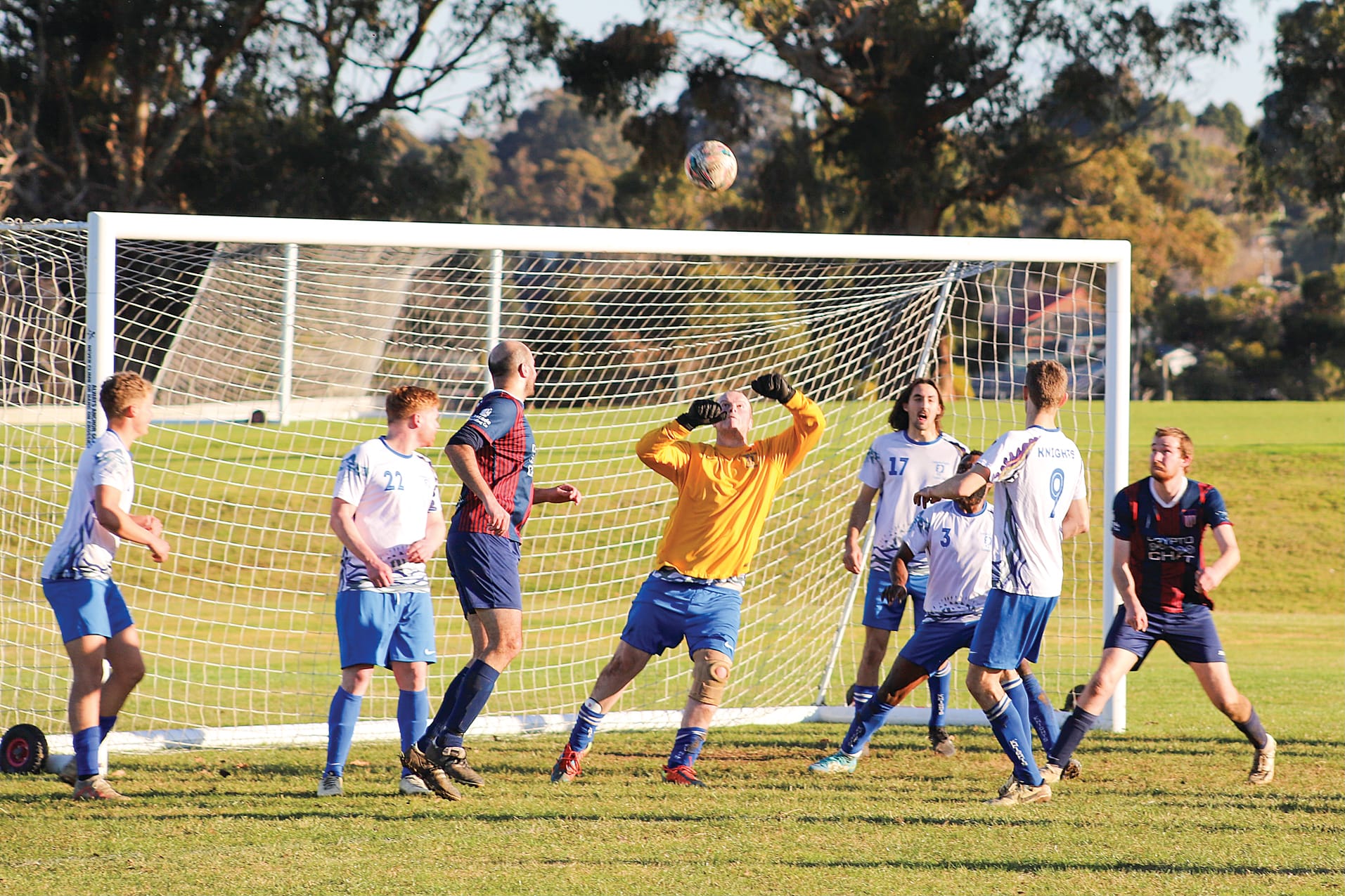 Leongatha Knights defend a corner against local opponents Korumburra.