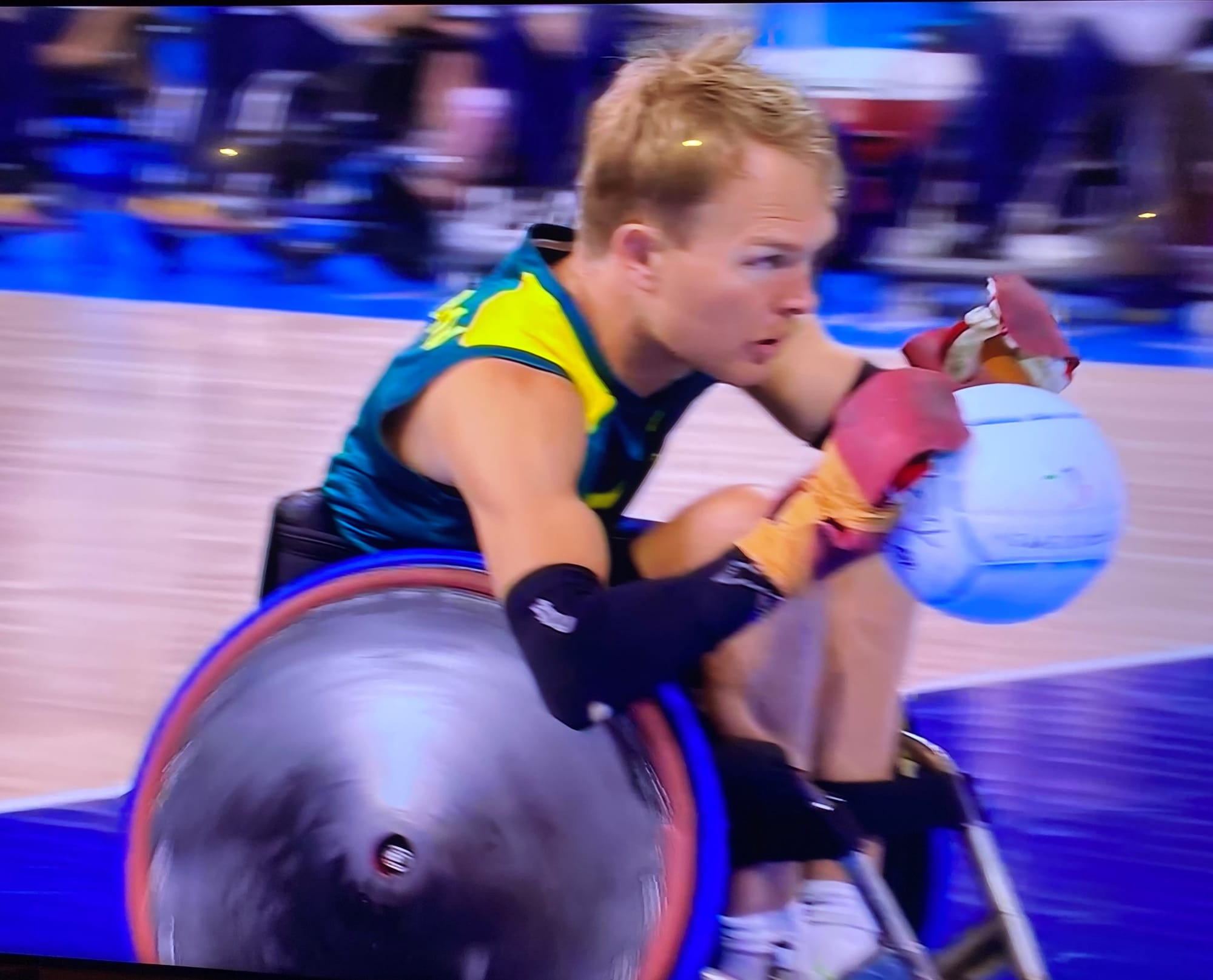 Beau Vernon on his way to scoring a second try in his Paralympics' debut for Australia.