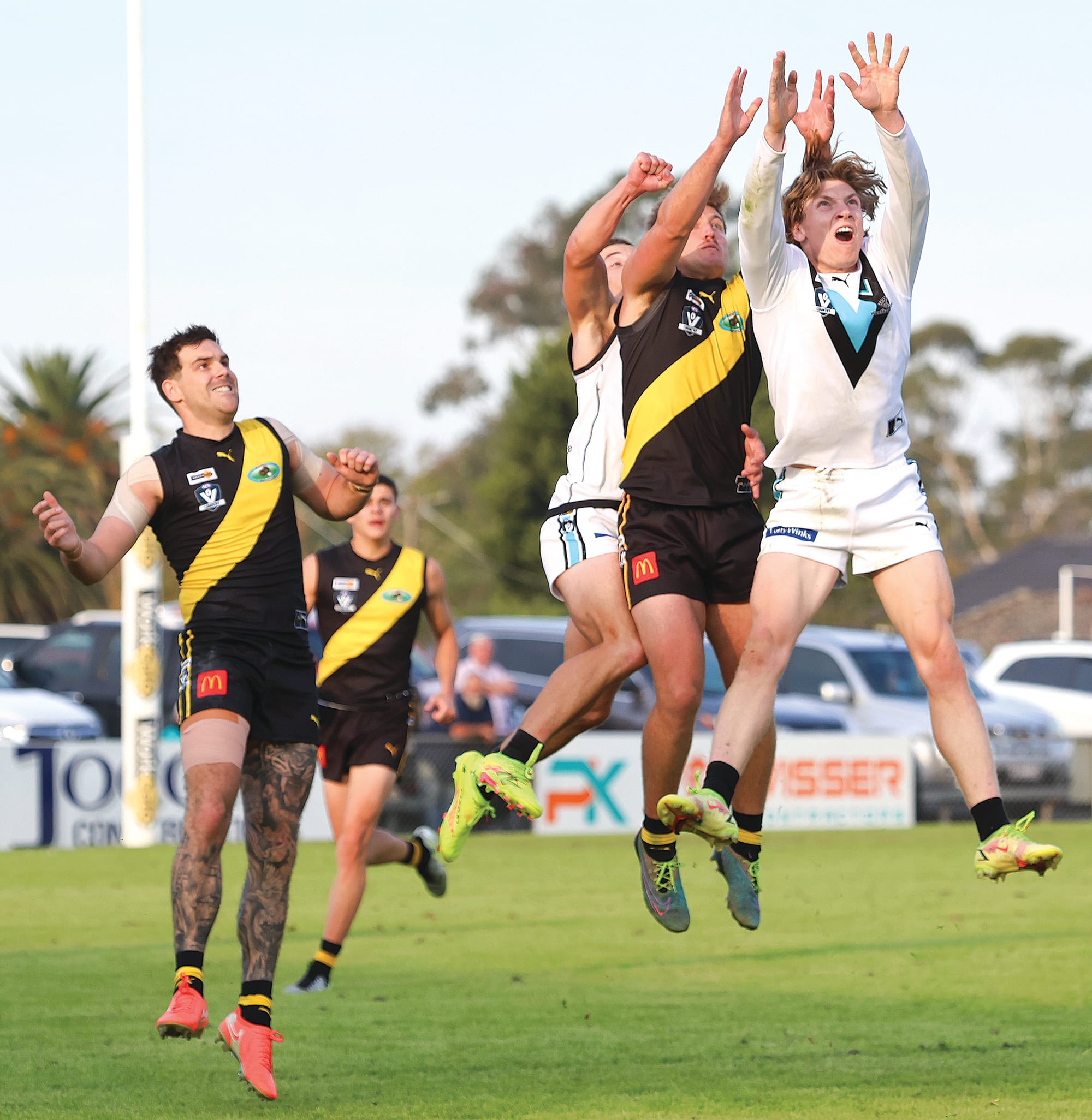 Isaac Chugg was in everything for Wonthaggi Power, front and back on Saturday, taking this mark in front of an ambush of Tigers.