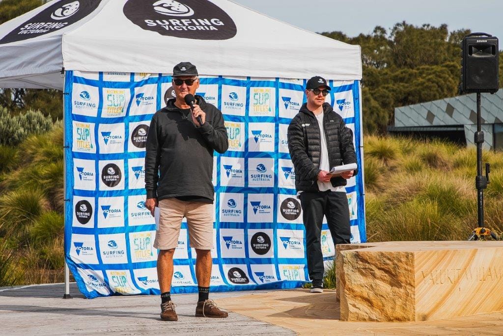 Event Director Max Wells joins with representatives of the traditional owners to welcome competitors to Phillip Island this week for the Australian Stand Up Paddleboard titles.