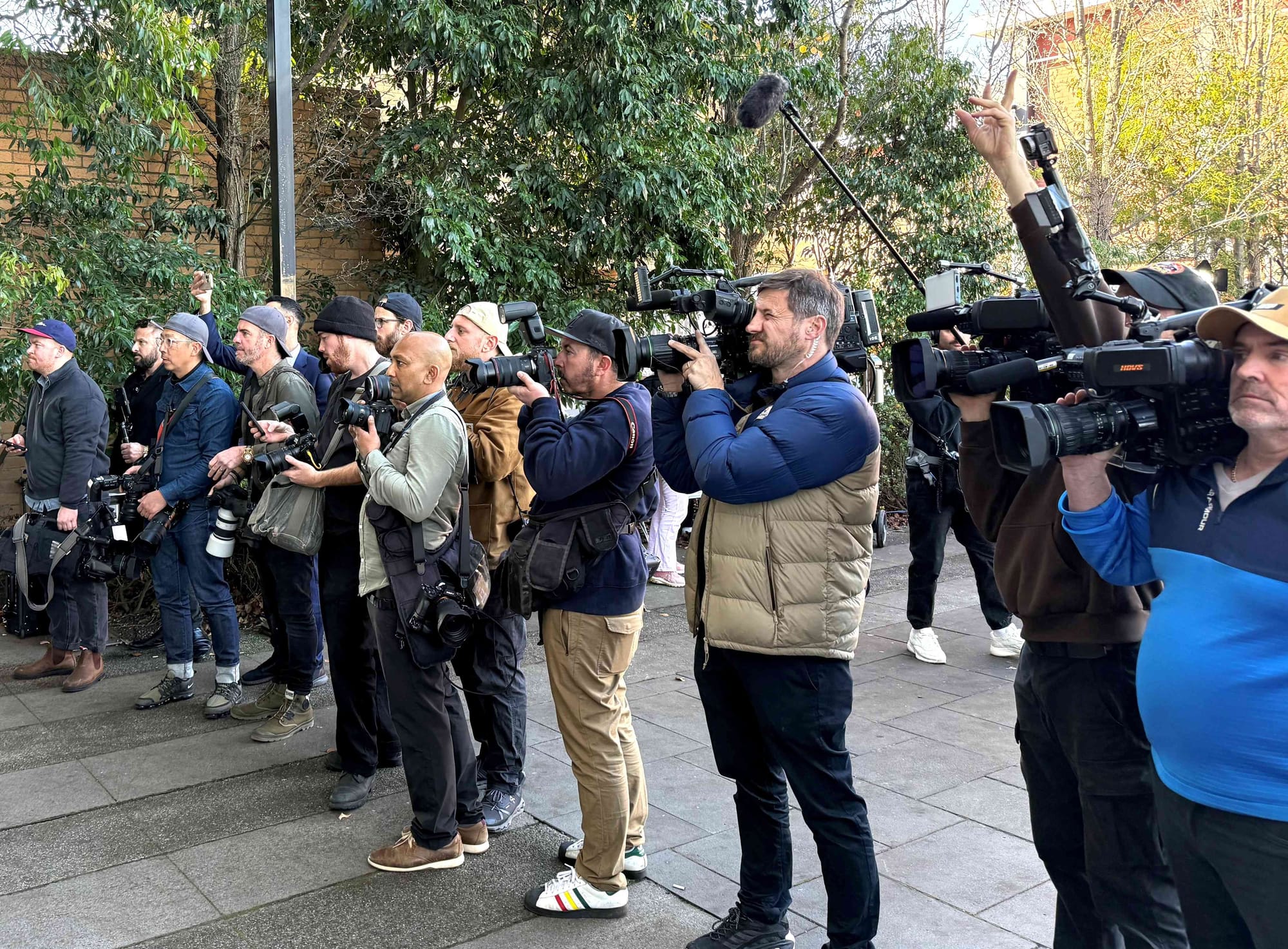 Cameras line the footpath outside the Latrobe Valley Law Courts in Morwell on Monday, July 7, the day the verdict in the mushroom murder trial was handed down.