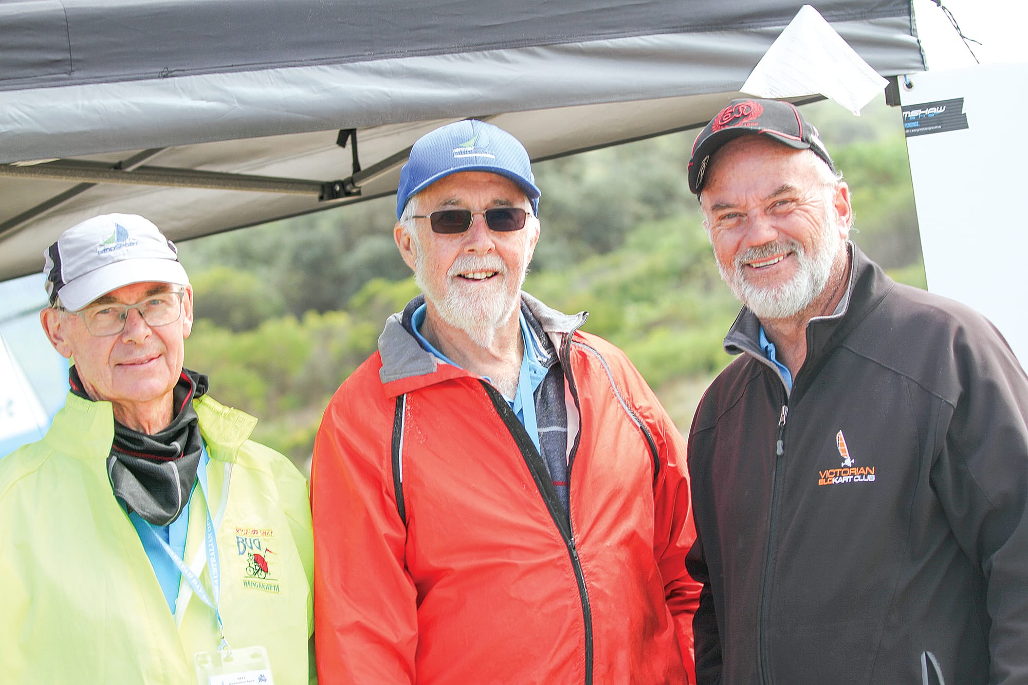 North East Windsport Club Commodore Ken Horne, Club Secretary Milke Reid and Commodore of the Victorian Blokart Club Matt Galvin at Waratah Bay for the 2025 Australian Blokart Championships. B83_1225