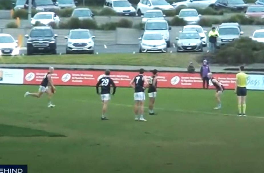 Brayden Duve runs in to take his after the siren shot at goal but should it have been Jack Blair taking the kick?