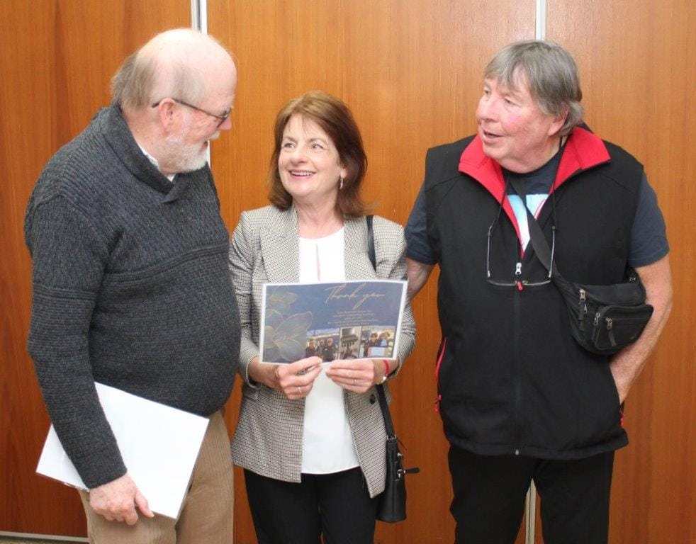 Donors Gerard Lonergan and Judy and Norm Vradenburg enjoy the afternoon tea at Wonthaggi Hospital.