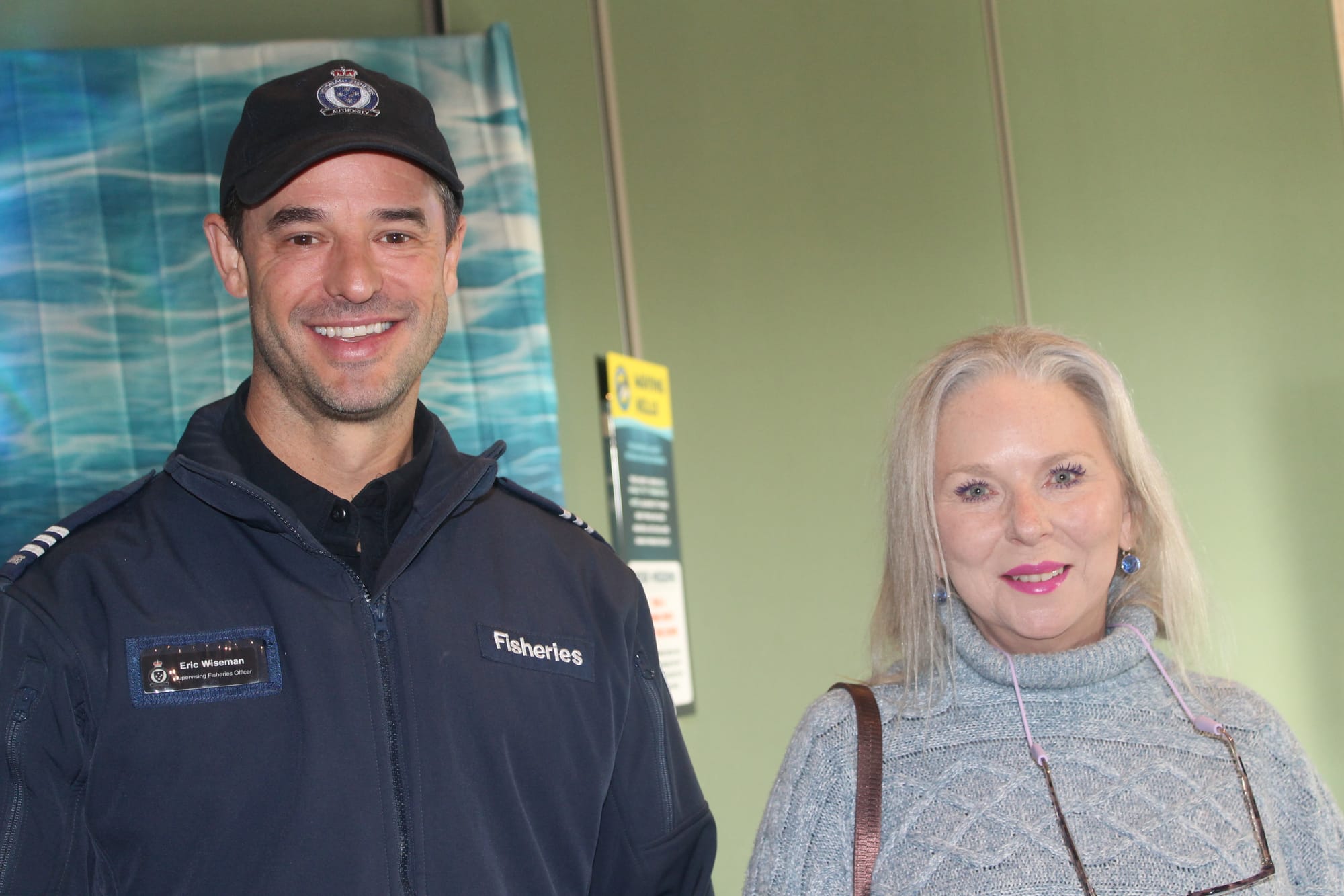 Eric Wiseman (Vic. Fisheries Authority) and Krista Lee Hackett (President Inverloch Fishing Club) at Berninneit for the opening of the Phillip Island Whale Festival. B21_2825

