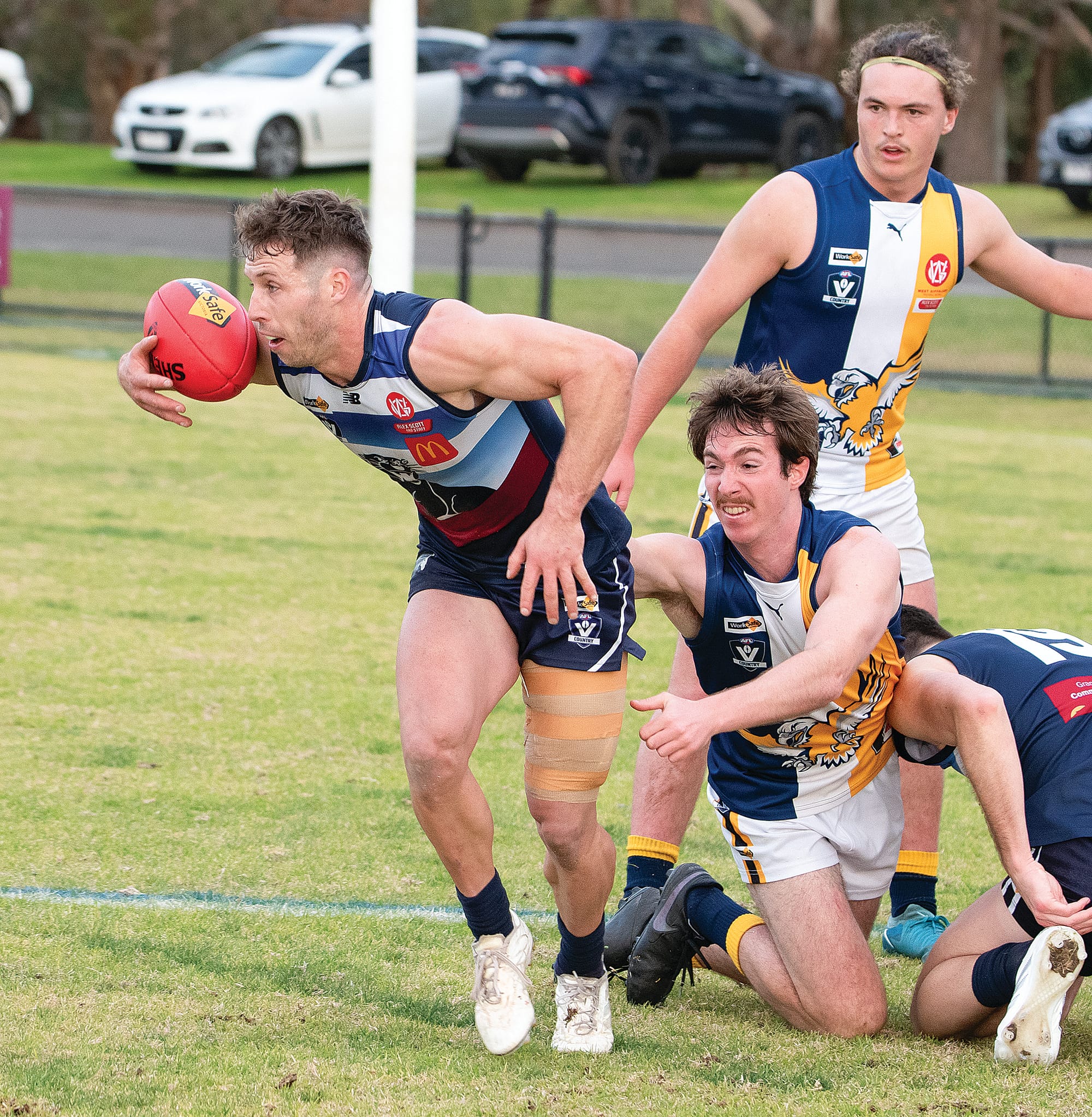 Nathan Foote takes control of the ball as he works to break free from the pack for the Panthers.
Photos: Anna Carson