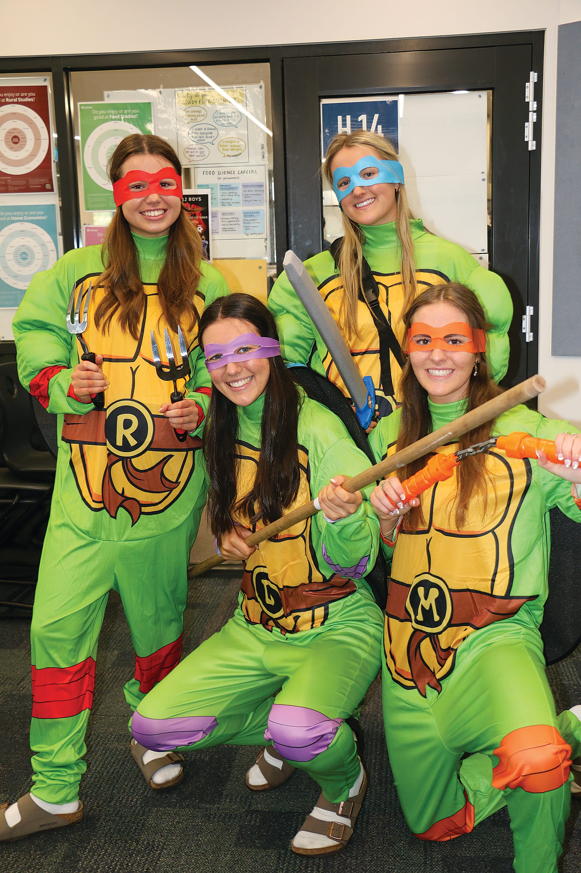 Lilly Wookey, Mataya Maloney, Cara Moschetti and Marli Box dressed at the Teenage Mutant Ninja Turtles for Celebration Day at Bass Coast College. Tk13_4424