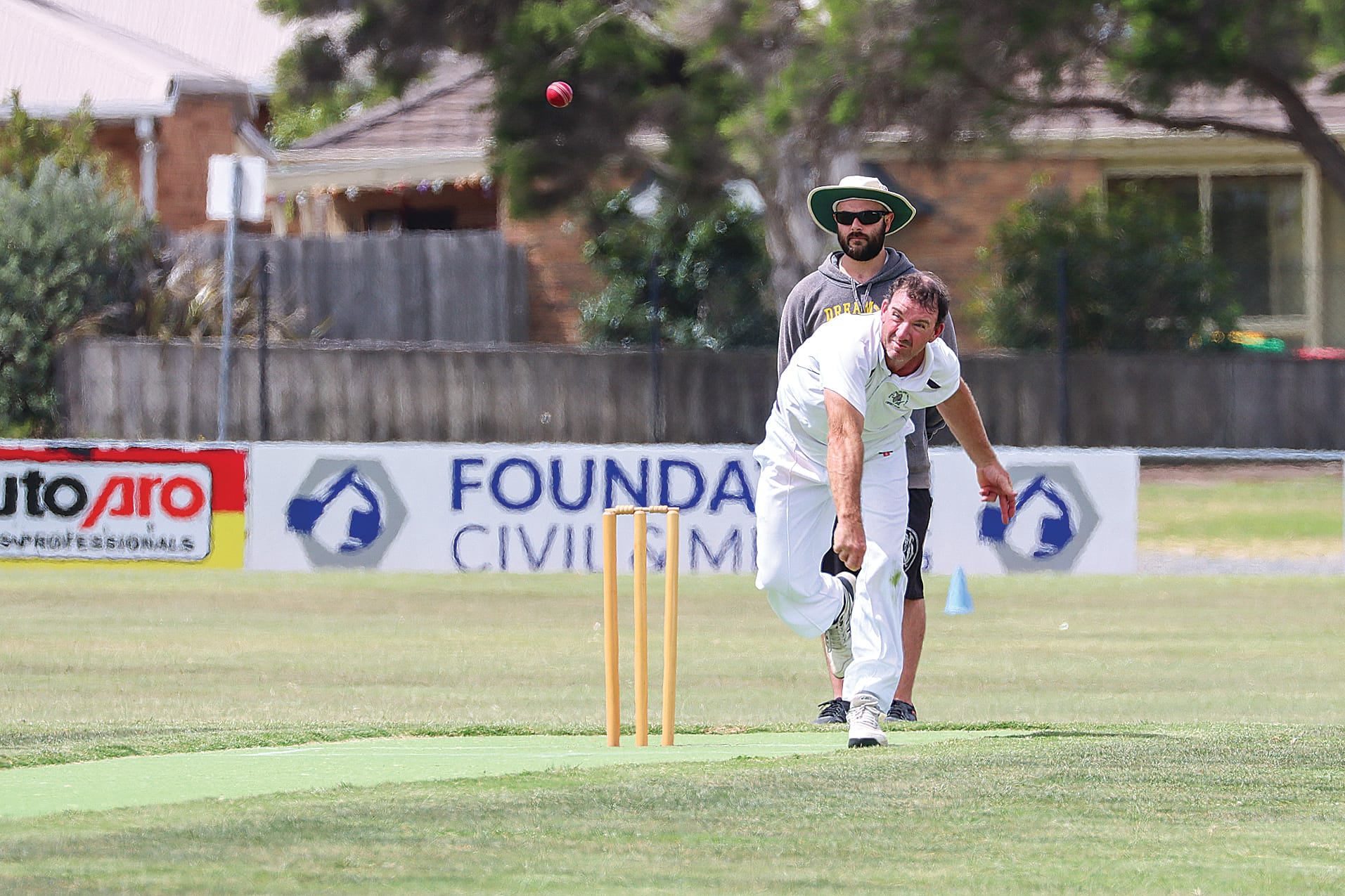 Phillip Island bowler and skipper Mick Cleary sends one down against Inverloch in C Grade, finishing with 2/30. A54_0924