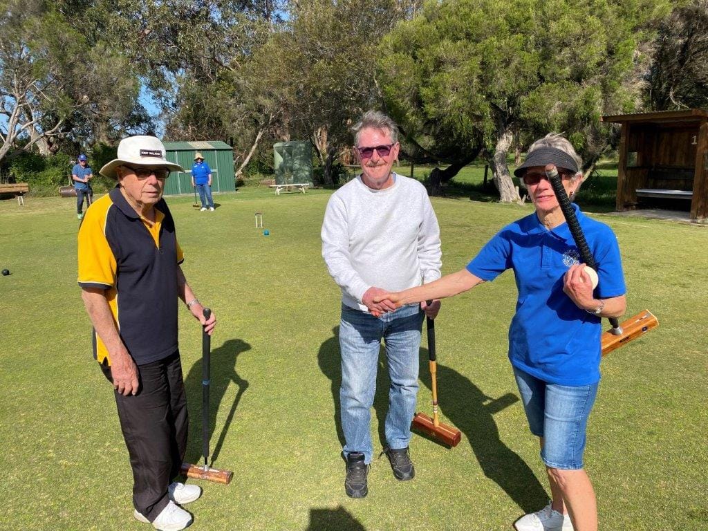 It’s smiles all round after an enjoyable game of golf croquet on Come and Try Day on Wednesday as part of the Victorian Senior Citizens Festival for Judy Nicoll, Steve Earl and Robert Smallwood.