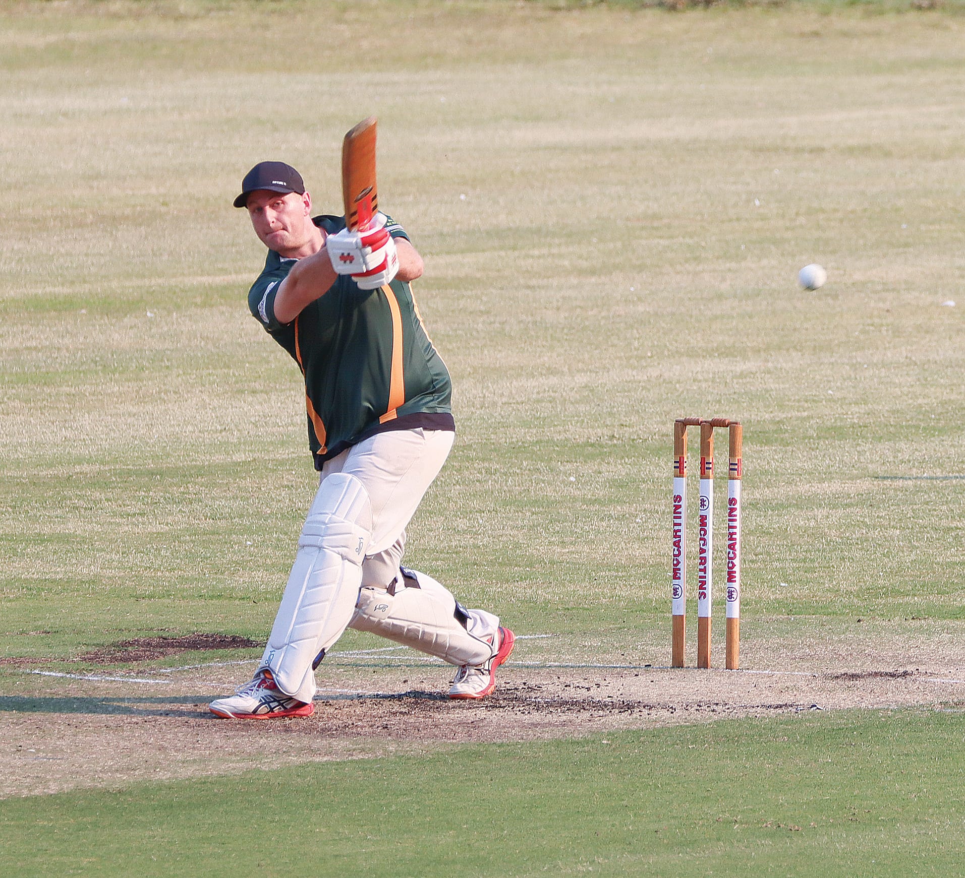 Travis Strybosch dispatches the ball for a legside boundary during his T20 knock for Leongatha Town against OMK. A32_5224