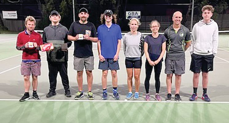 Alex Prins, Zack Thoroughgood, Luke Haustorfer, Sam Robson, Penny Gailbraith, Anita McMillan, Ben and Wes Morgan pose after the doubles grand final.