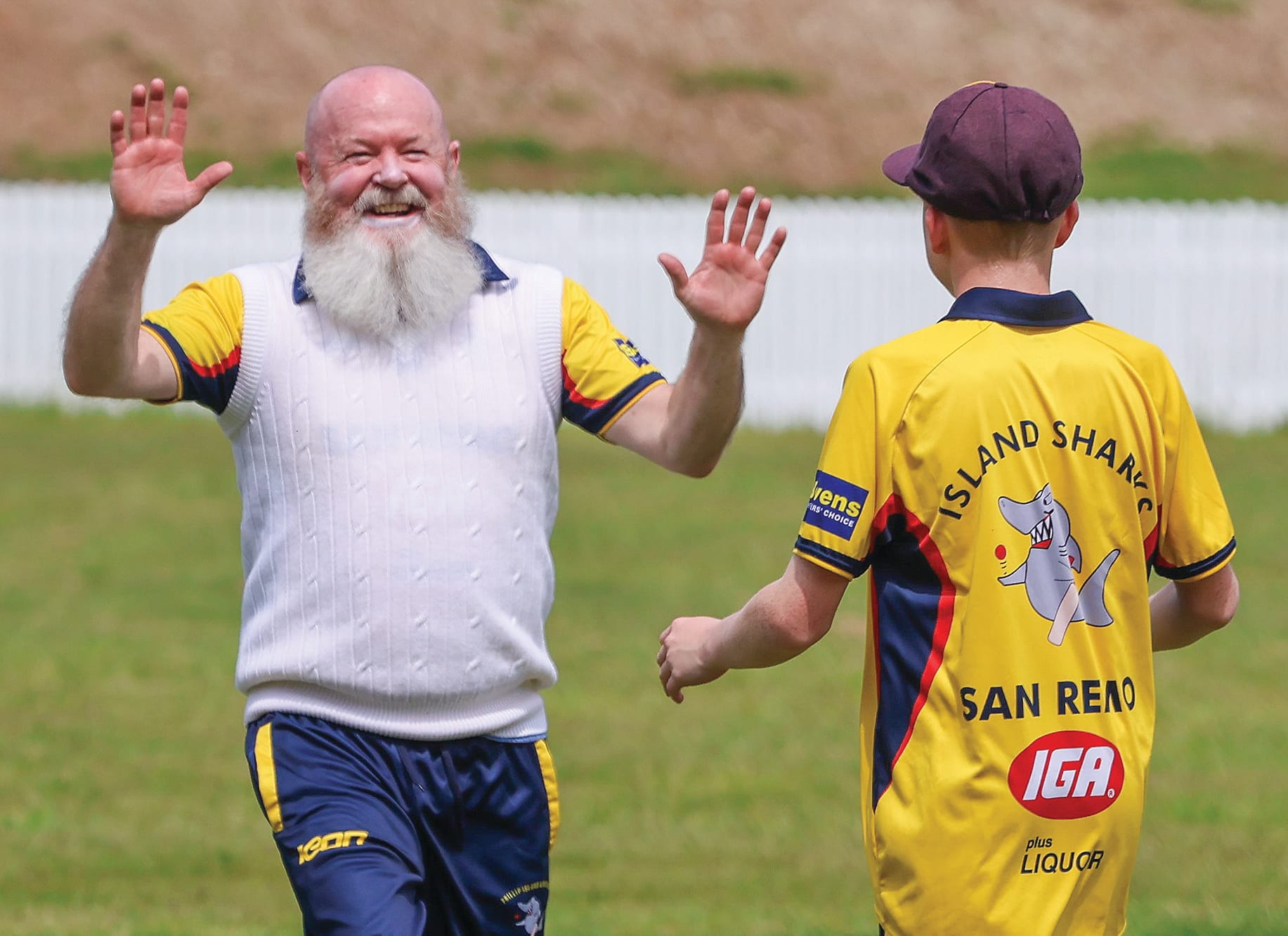 It was a delighted Jackson Allen who shared the moment with young fielder Deane Mani after he comfortably took the first catch of the day, off his bowling, against MDU in slow going at Rhyll.
