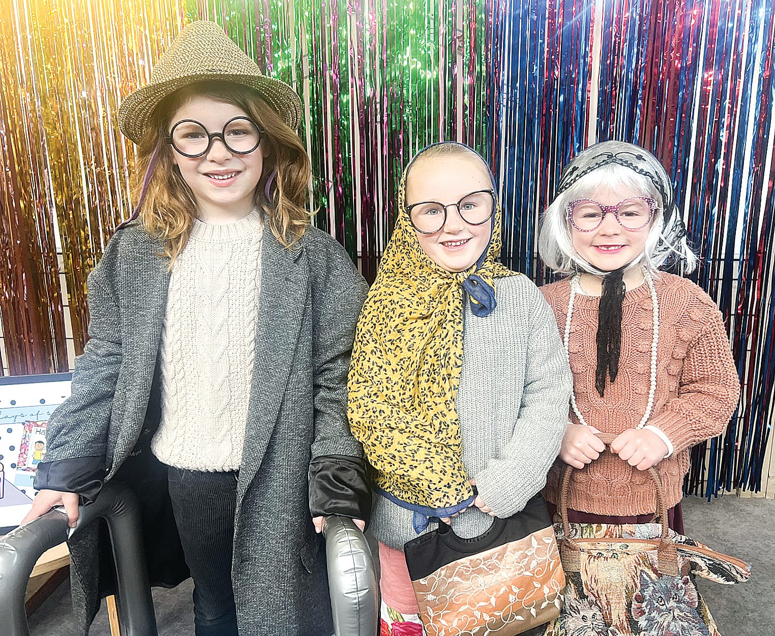 Prep students Taj, Olive and Evelyn dressed as their 100-year-old selves to mark their 100th day at Inverloch Primary School. Tk02_3125