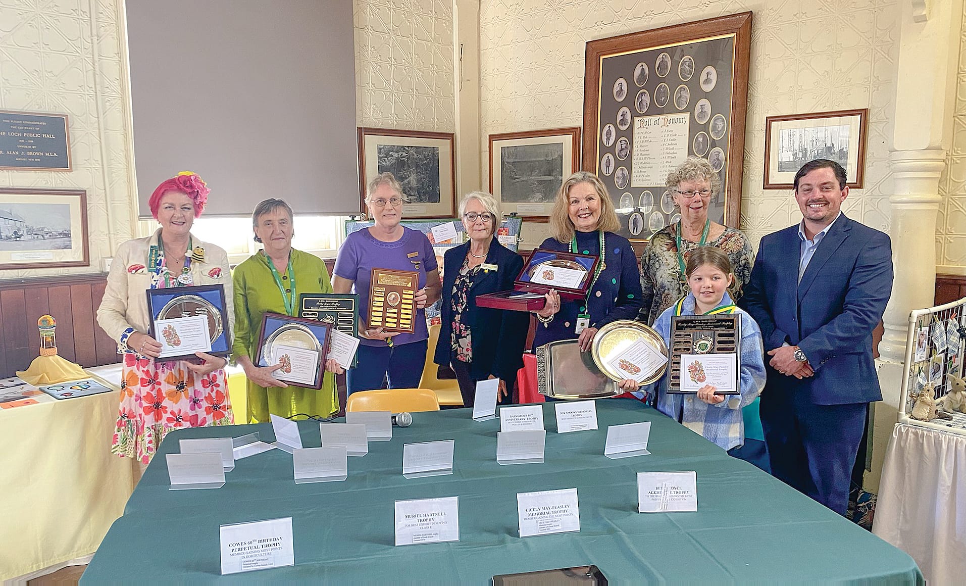 Lynne Marsh (Cowes branch), Dianne Wilson (Cowes branch), Agnes Veldhuizen, (Woodleigh Vale branch), Mayor Clare Le Serve (Bass Coast Shire), Sally Matthews (Twilight branch), Jacky Dow (Bass Group Craft Convenor), Edwina Rossiter (junior member) and Deptuy Mayor Nathan Hersey (South Gippsland Shire).