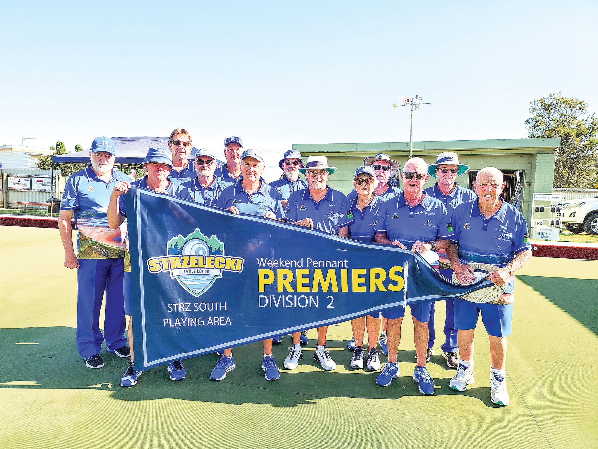 Strzelecki bowls region Weekend Pennant Division 2 Premiers Phillip Island, from left, front, Chris Fricke, Ewen Wilson, Mark Hone, Robyn Dennis, Graeme Cornell, Kevin Wagner; back, David Hanlon, Gary Storer (back), Alan Beddows, Scott Miller (back), Stuart Cunningham, Wayne Barr and Ken Gill. C12_1124