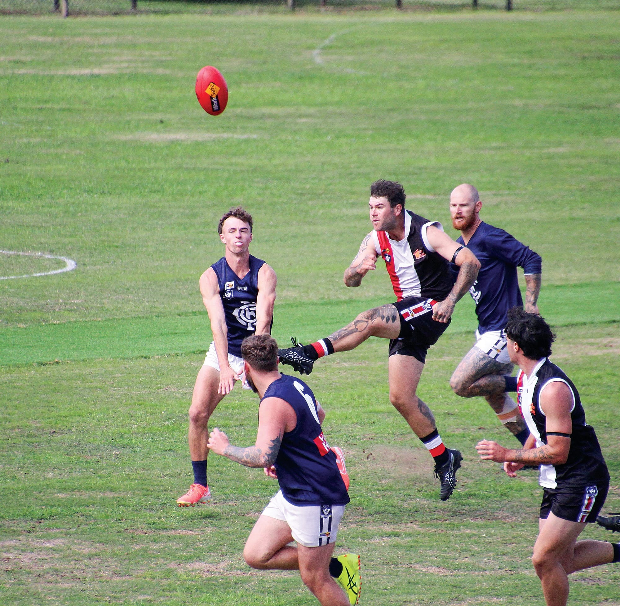Jordan Anderson launches the ball into Nyora’s forward fifty.