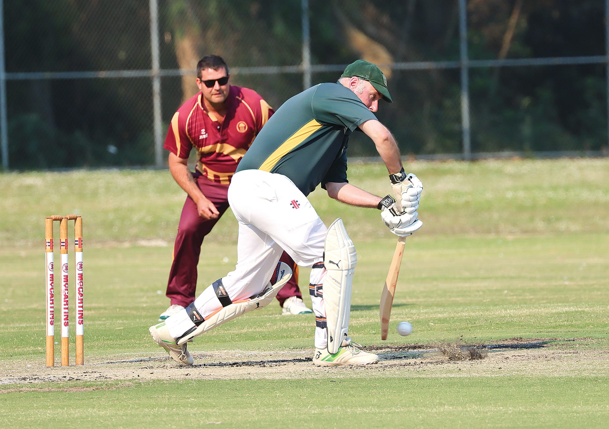 Tim Cashin drives for Leongatha Town before falling for a duck against OMK. A29_5224