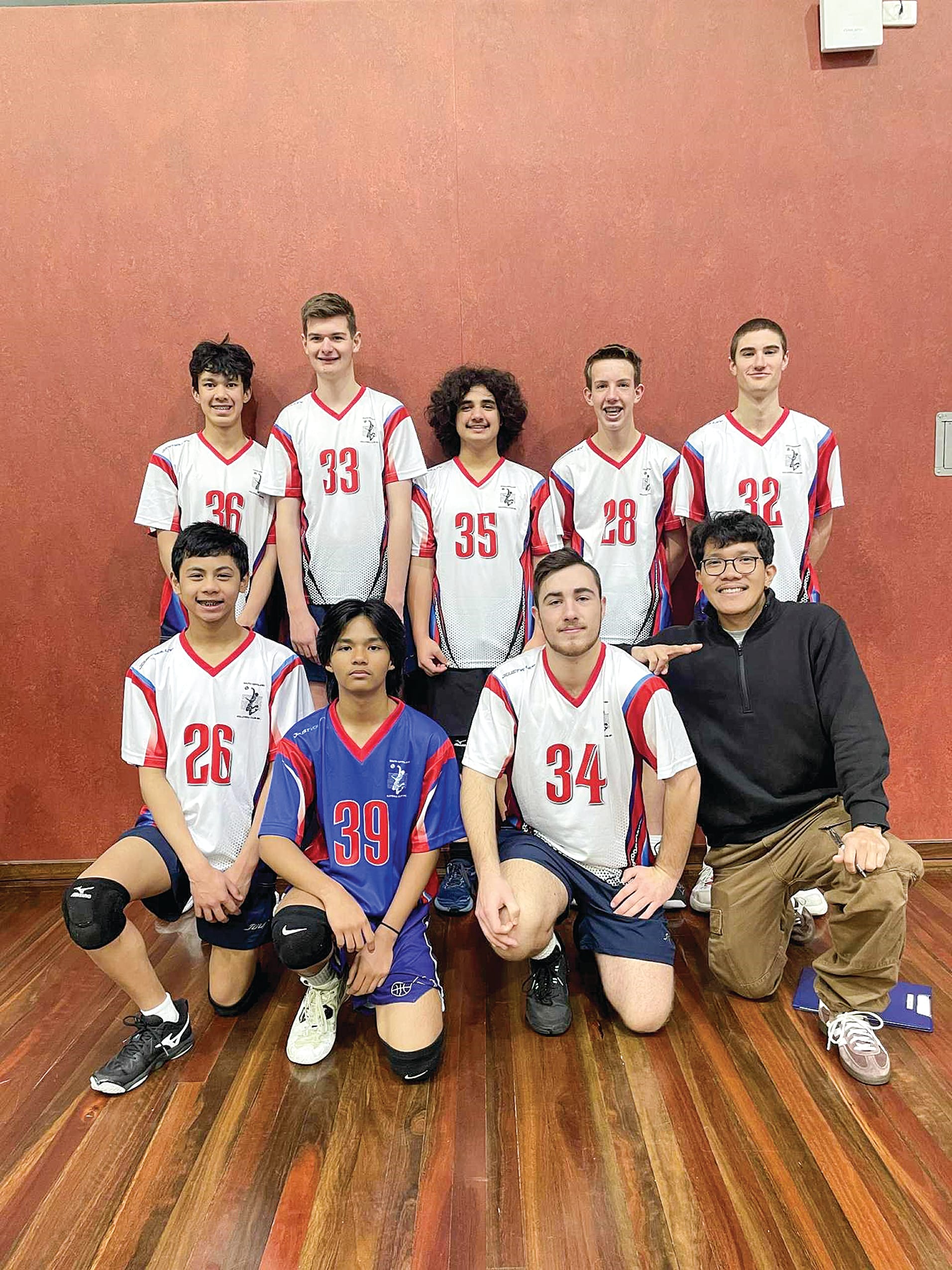 Silver medallists South Gippsland Volleyball Club U18 Boys. From left, back, Christian Ringer, James Parkes, Ethan Findlay, Matthew Churchill and Noah Rodriguez. Front, Jaedon Kindom, Andre Gutierrez, Edward Hams and Mark de Guzman (coach).