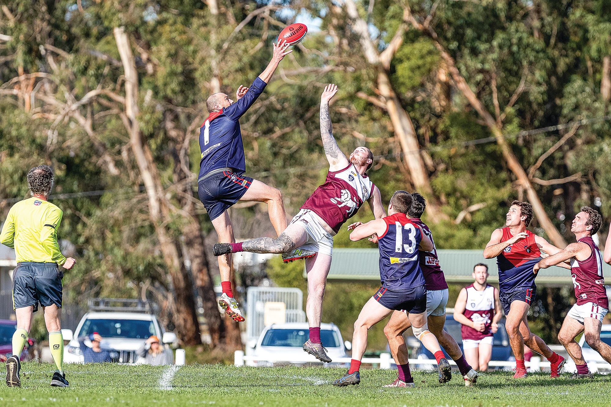 MDU’s Josh Schelling launches himself towards the ball against Stony Creek. Photo: Bec Casey Sports Photography.