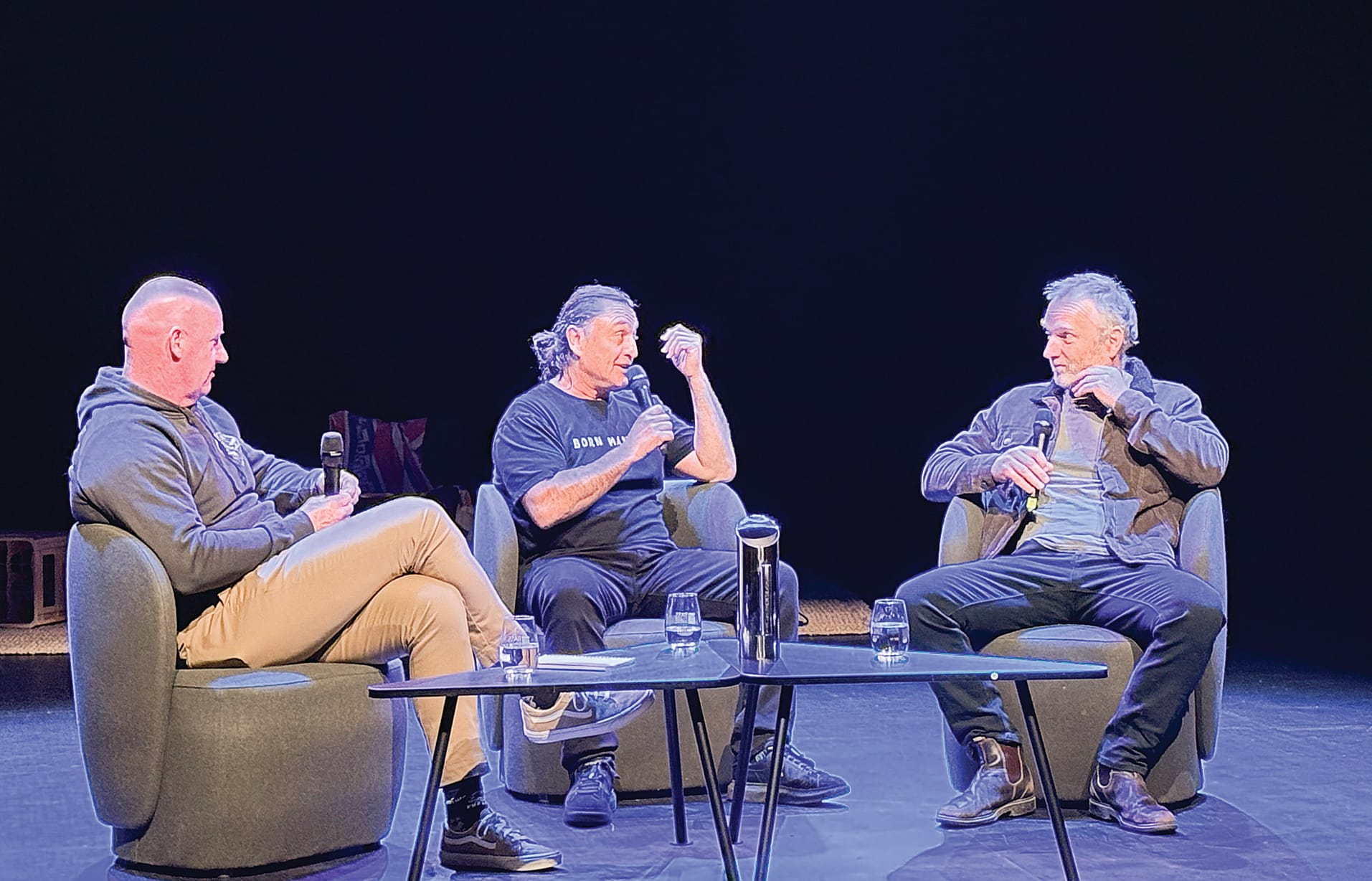 Beyond Blue spokesperson Paul Milne, big wave surfing legend Ross Clarke-Jones, and performer Chris Pitman during the post-show panel discussion.