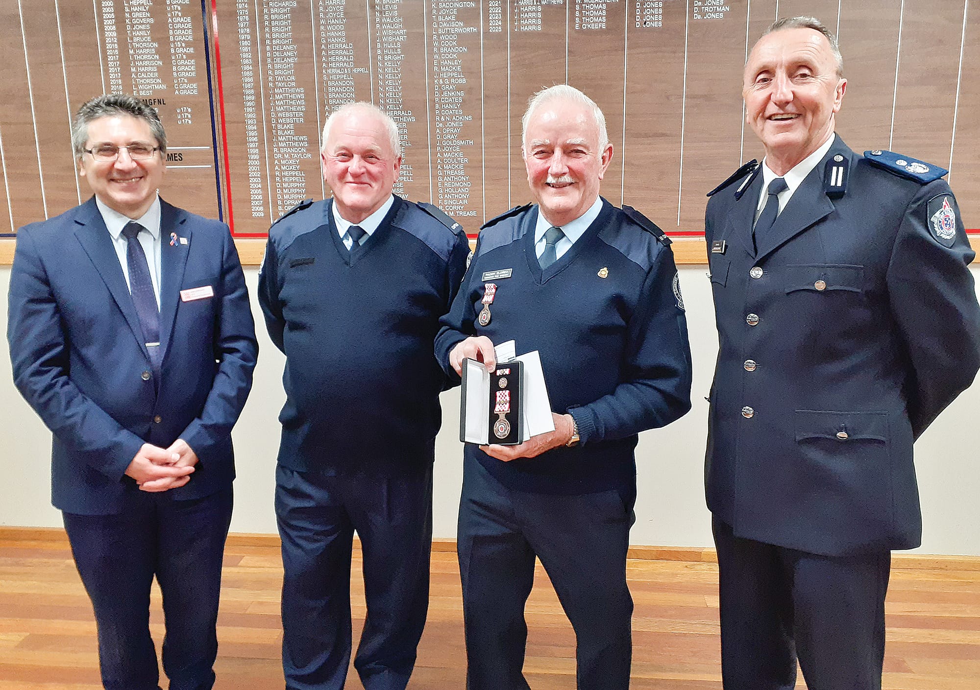 Immediate past Captain Paddy Eldred was presented with his 45 year medal by CFO Sam Costanzo, Captain Mal Price and Commander Andrew McCartney
