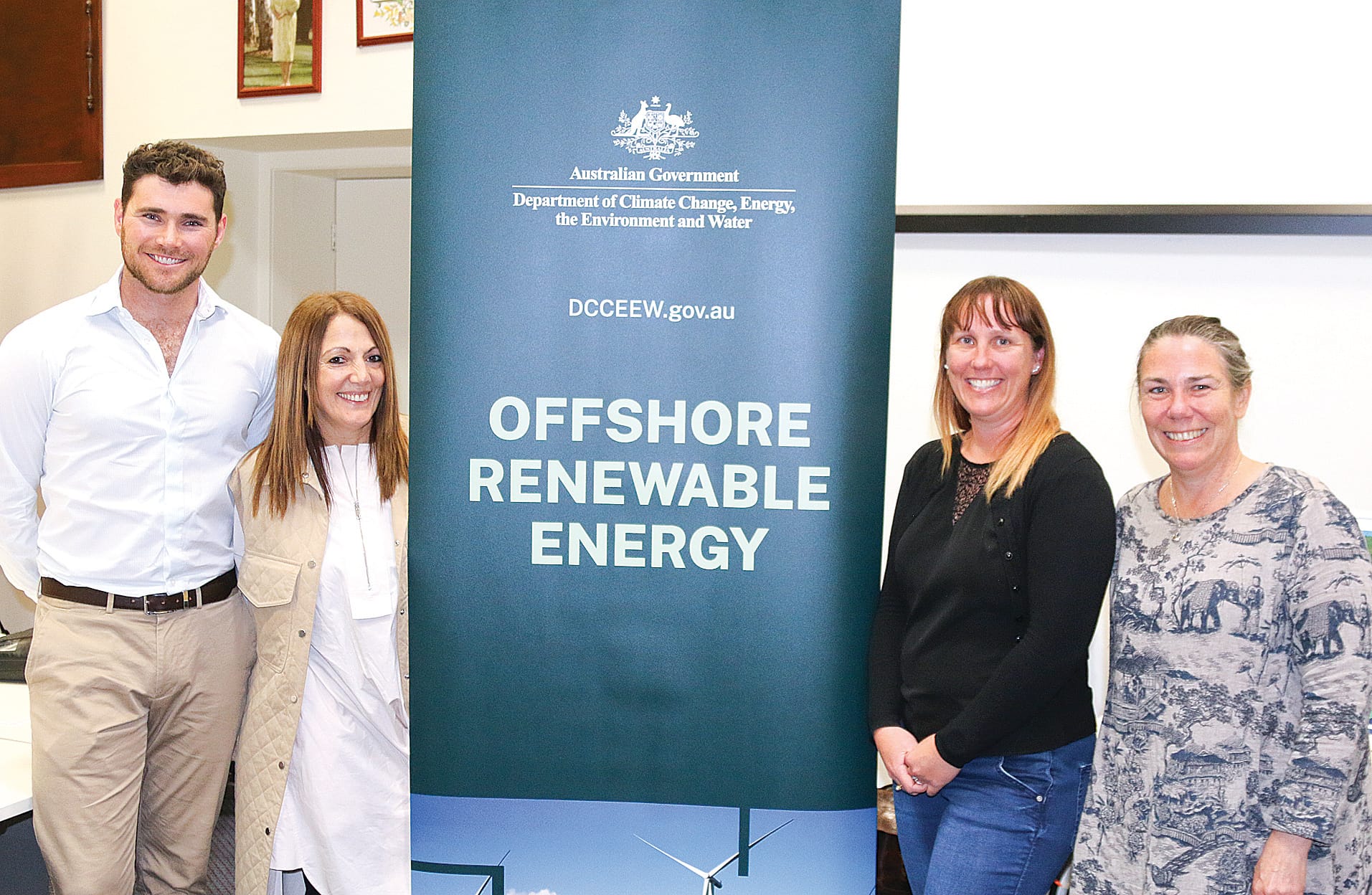 Aero Leplastrier, Mary Barry and Sheryn Ringland of The Department of Climate Change, Energy, The Environment and Water, with Cr Sarah Gilligan at the Leongatha ‘drop in’ session on offshore renewable energy.