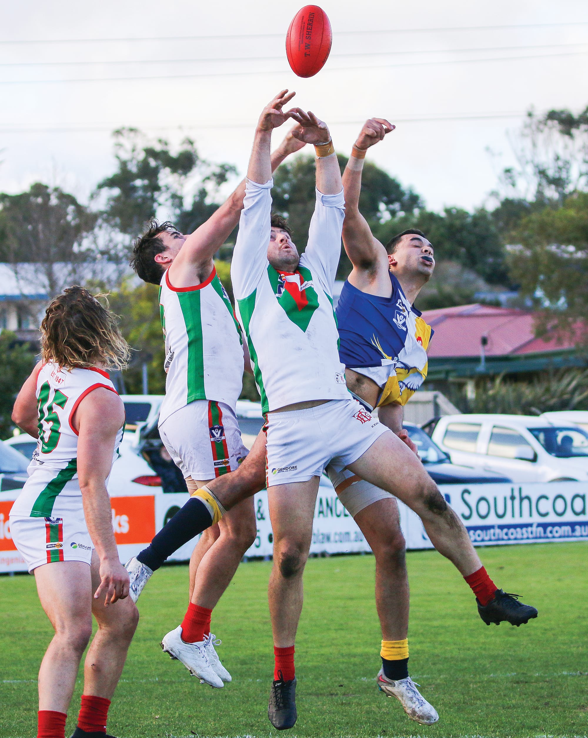 Inverloch Kongwak’s Marcus Toussaint took on his Tooradin Dalmore opponents and was one of the standout players for the Sea Eagles on the day. 