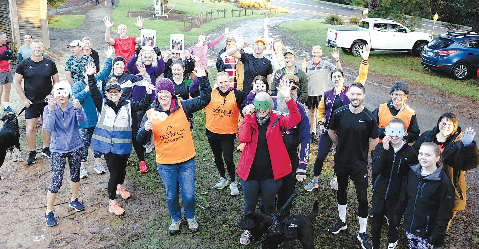 Grand Ridge Rail Trail parkrun participants celebrating the 100th event.